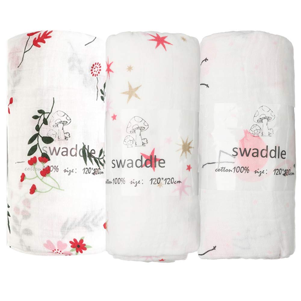 【送料無料】おくるみ 色：ピンク系3枚セット（星+フラミンゴ+花）、サイズ：120x120センチメートル (x 3)