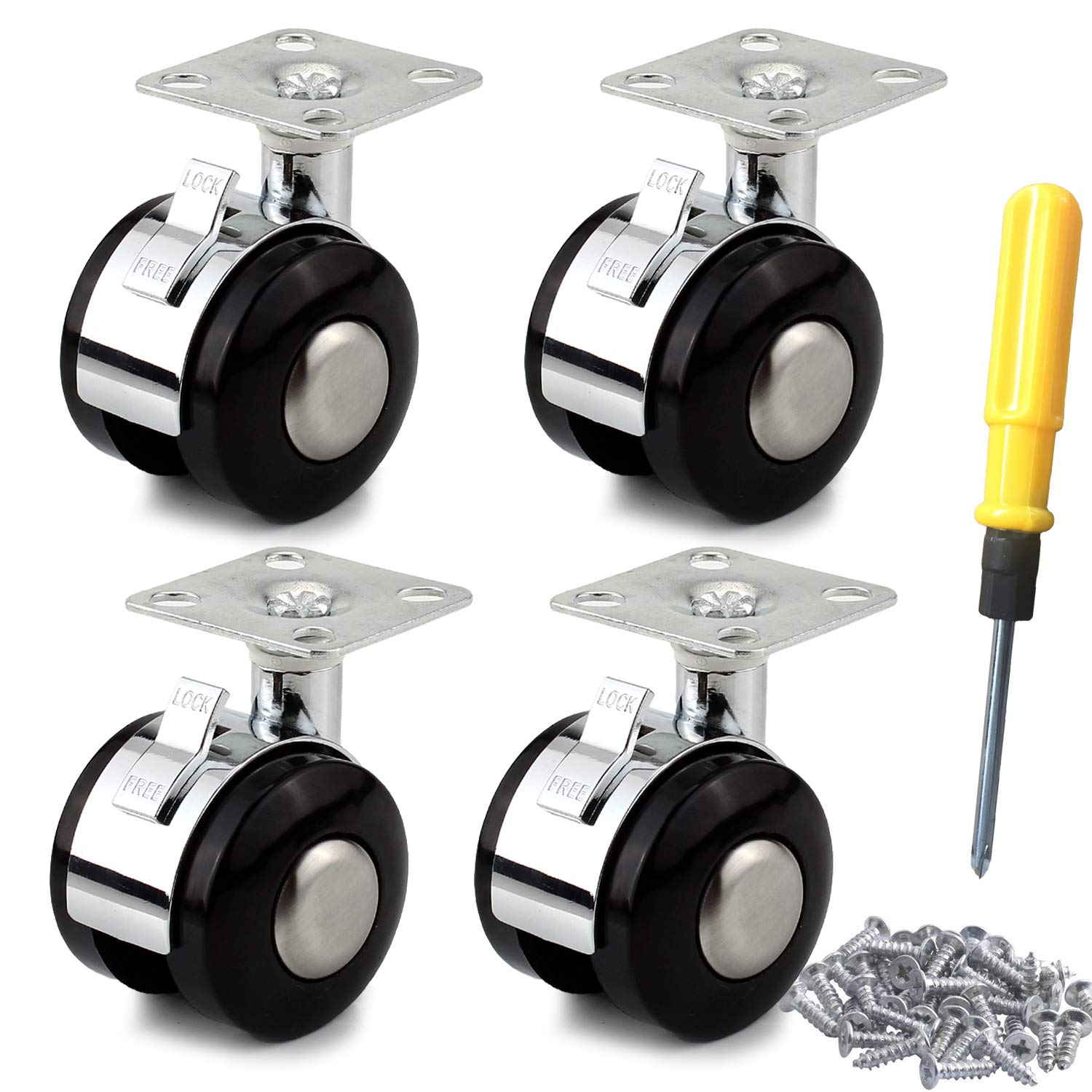 【送料無料】BESTU キャスター ストッパー付き ワゴン 交換タイヤキット 4車輪静音シリーズ用交換タイヤキット キャスター取替え DIY 交換用ホイール 自在S付 二重ローラー 家具用 ウレタン車50mm ハードゴムキャスター 50径 4個組 色：黒