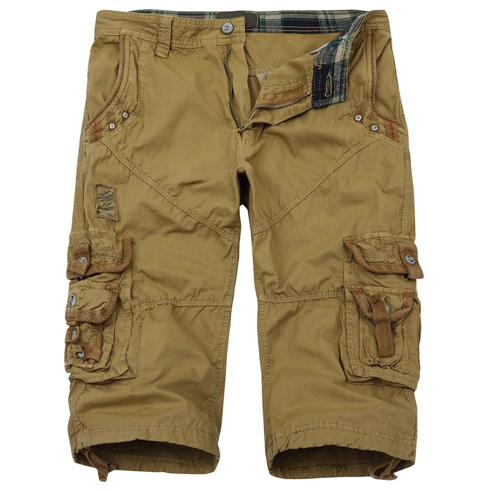 【送料無料】[AOWOFS] カーゴショートパンツ メンズ 短パン 五分丈 無地 カジュアル ゆったり ワイドパンツ 綿 通気性 夏 部屋着ズボン ポケット多い 6色大きいサイズ 色：カーキ、サイズ：31