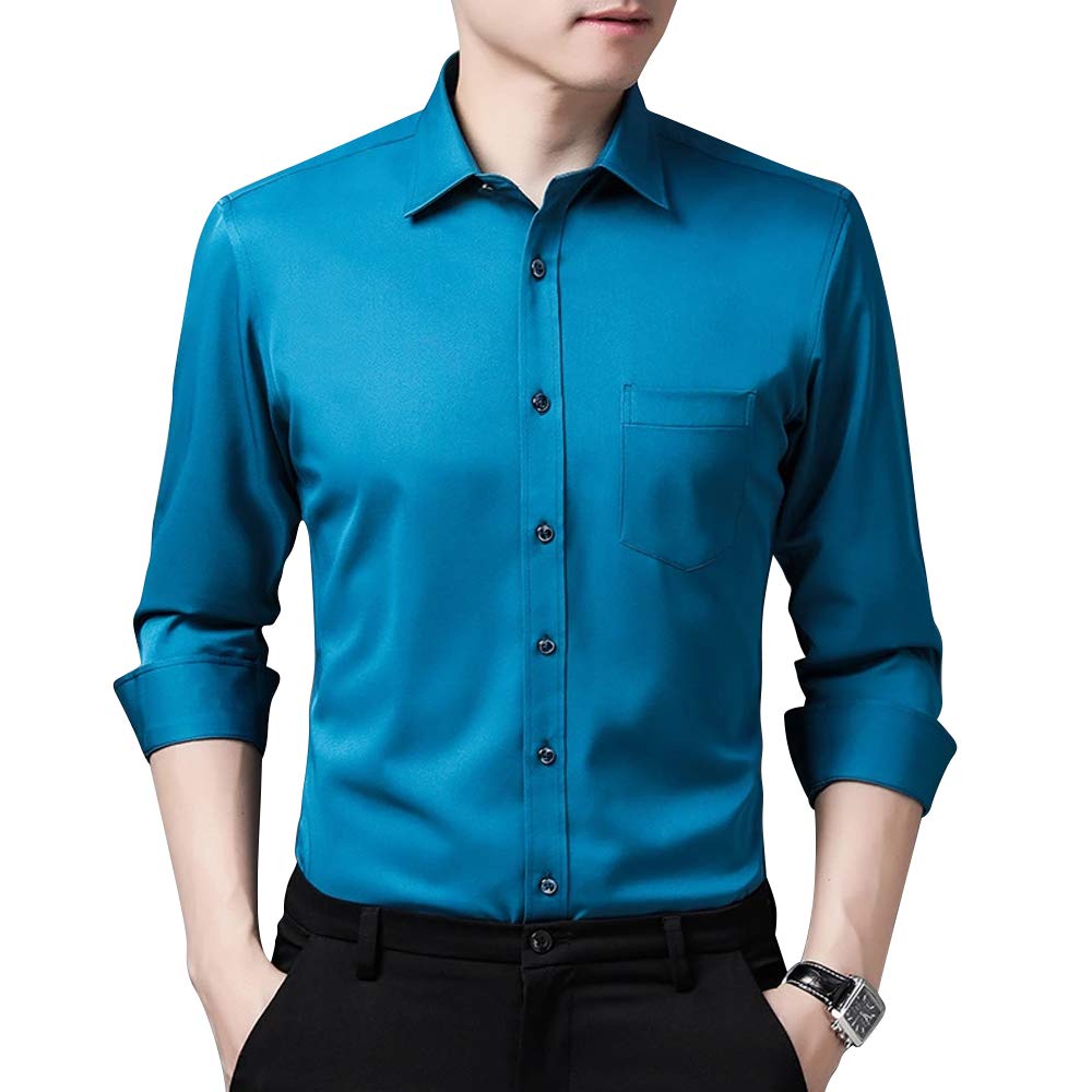 【送料無料】[Phorecys] ワイシャツ メンズ 長袖 ビジネス スリム 細身 インナー ノーアイロン 形態安定 イージーケア ストレッチ 大きいサイズ 無地 おしゃれ 色：ターコイズ、サイズ：39
