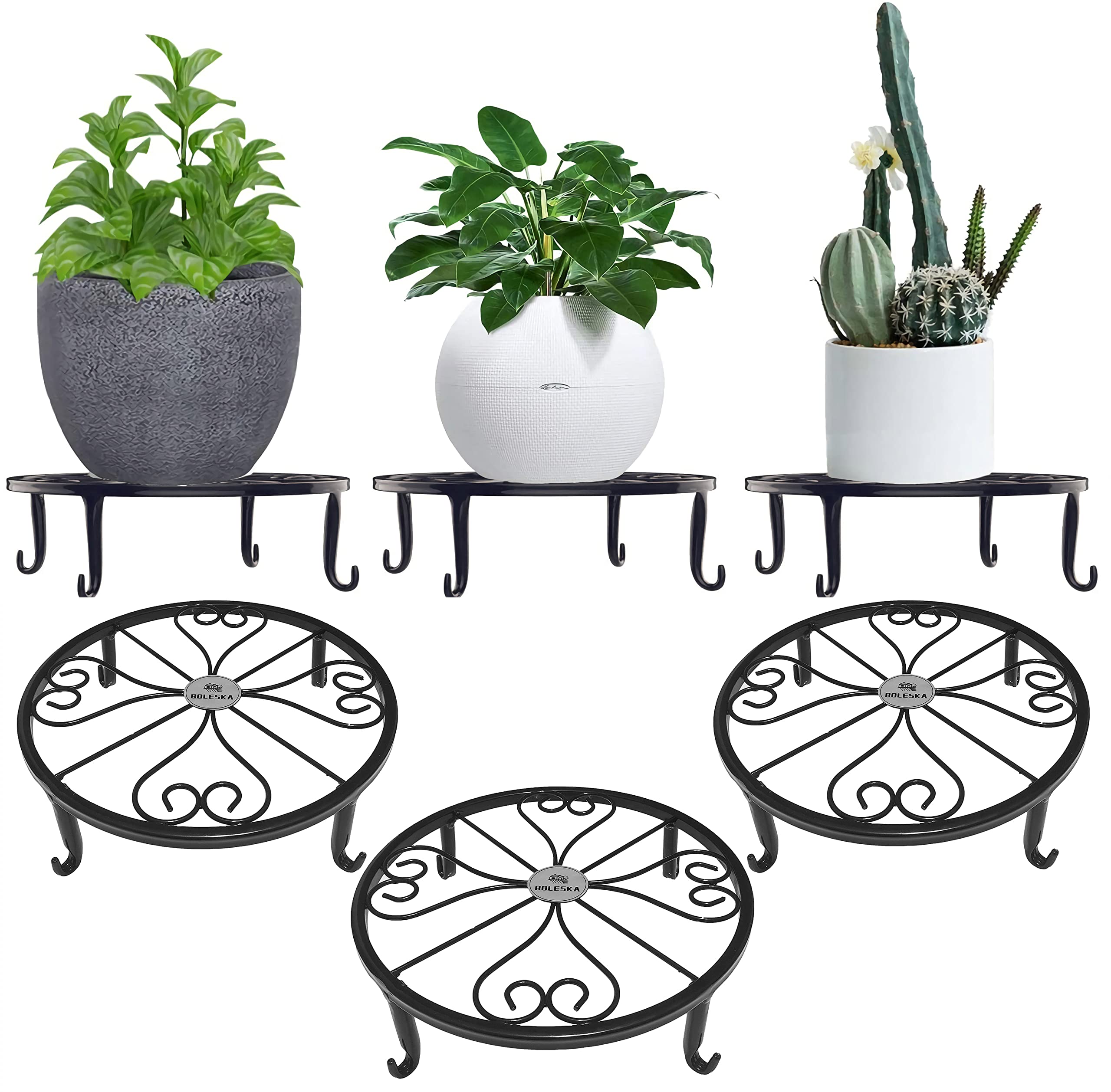 【送料無料】BOLESKA アイアンフラワースタンド 花台 植木鉢スタンド 猫脚付鉢置き プレート 飾り台 ガーデニング アンティーク 室内 屋外 おしゃれ 色：3個-ブラック
