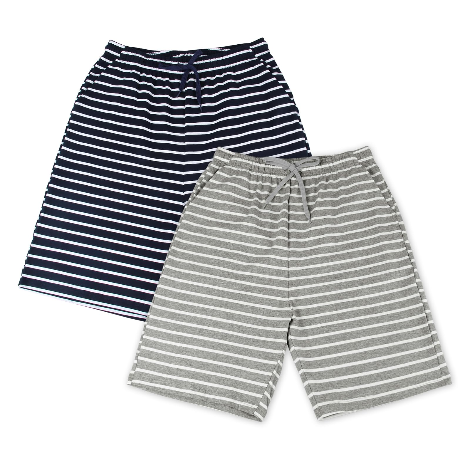 【送料無料】[HomyComy] ハーフパンツ メンズ ショートパンツ ルームパンツ 二枚セット ルームウェアボトムス パジャマパンツ 綿 カジュアルパンツ 部屋着 色：ストライプ-ブルー/グレー(二枚セット)、サイズ：L