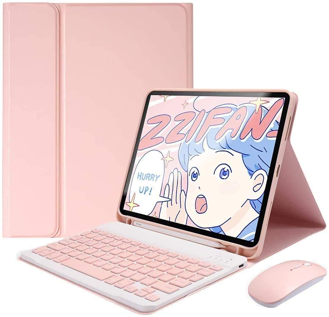 【送料無料】マウス付き iPad 9 8 7 6 5 Air 5 4 3 Pro 9.7 キーボードケース かわいい キャンディーカラー レディース アイパッド 分離式 カラーキーボード ケース カバー アップルペンシル収納可能 女性 人気 色：ピンク、サイズ：Air11″/Air5/Air4