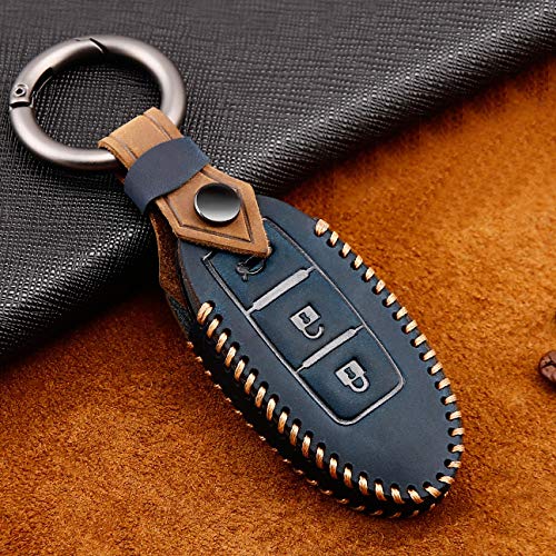 【送料無料】ONTTO 日産向け キーケース キーカバー オシャレ キーホルダー Nissan セレナ エルグランド スカイライン マーチ キューブ ノート エクストレイル シルフィ ティーダ ニッサン リモコンキー カバー 手触りいい レザー 本革 色：タイプ3 ブルー、サイズ：C