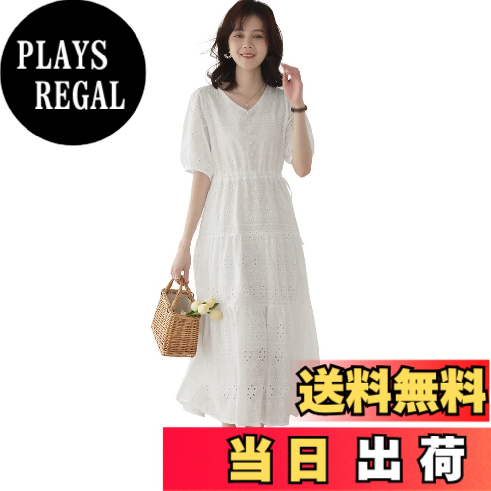 【送料無料】[Sueeya] スイーヤ ワンピース レディース ロング 刺繍 レース 半袖 フリル パフスリーブ ハイウエスト リボン 着痩せ 体型カバー おしゃれ Vネック 裏地付き 女子会 デート お出かけ 夏 色：ホワイト、サイズ：2XL