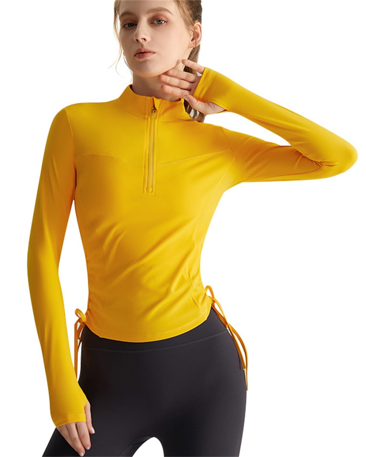 【送料無料】[Cloudstop] ゴルフウェア ショート長袖 ハーフジップ ヨガウェア スポーツシャツ 細身Tシャツ 吸汗速乾 ストレッチ ワンポイント トレーニング レディース 体型カバー スポーツ ジム トレーニング ランニング ウェア 色：イエロー、サイズ：M