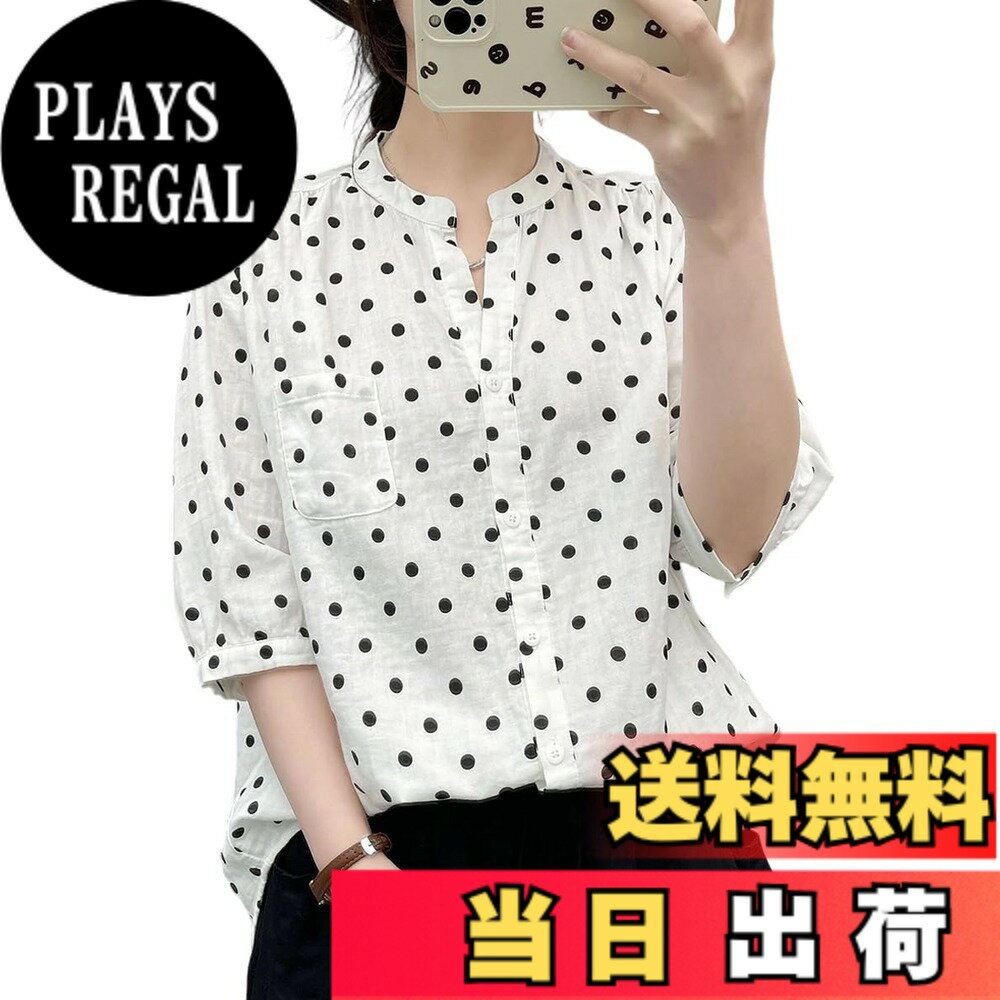 Rakuten - 【送料無料】[Hanmall] ドット シャツ ブラウス レディース 半袖 綿100 2重ガーゼ ドット柄 水玉 コットン トップス 夏服 前開き 折り襟 お洒落 カジュアル風 春 夏 秋 3色2サイズ SLL028 色：ホワイト、サイズ：M