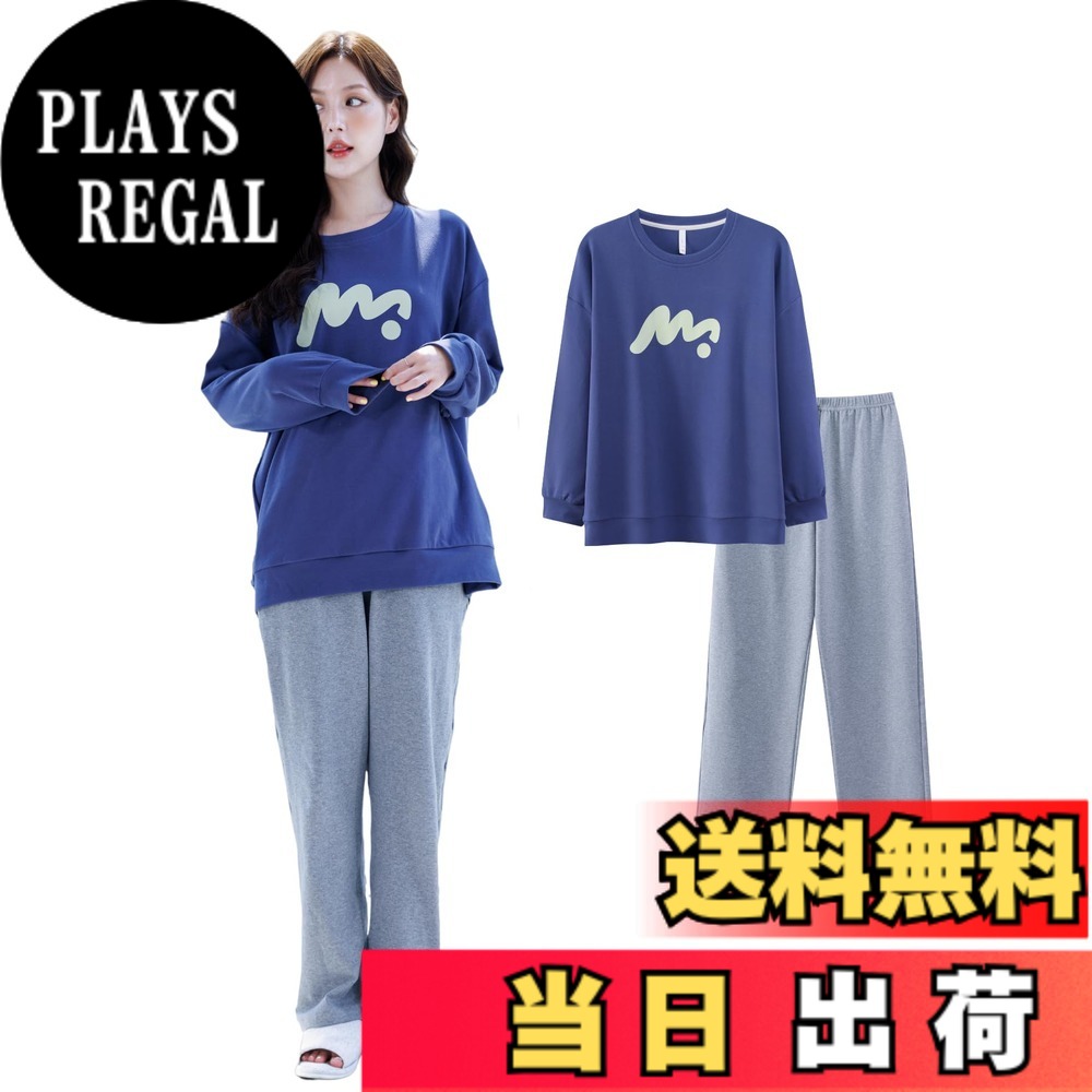 Rakuten - 【送料無料】[Beatgos] ルームウェア パジャマ 部屋着 レディース 綿 100 長袖 セットアップ 可愛い 色：ブルー、サイズ：M