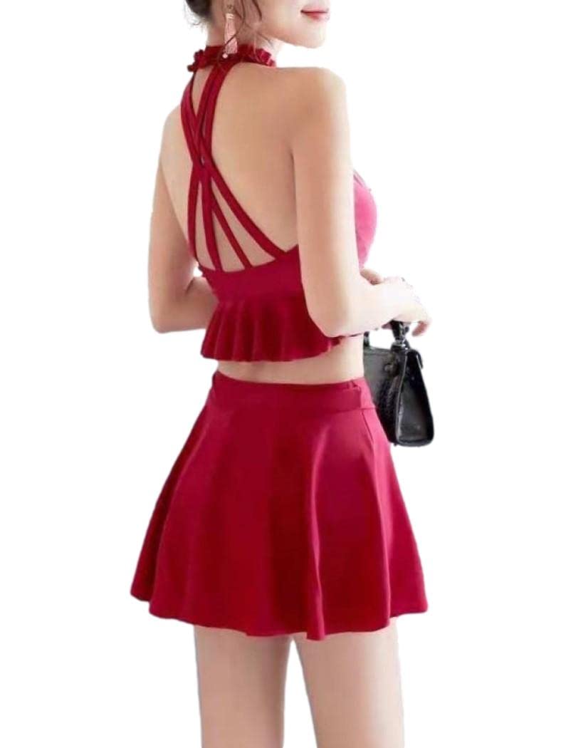 【送料無料】 E08 エイミー ビキニ 水着 フリル バッククロス スイムドレス パッド入り ワイヤーあり レディース 色:レッド、サイズ:M