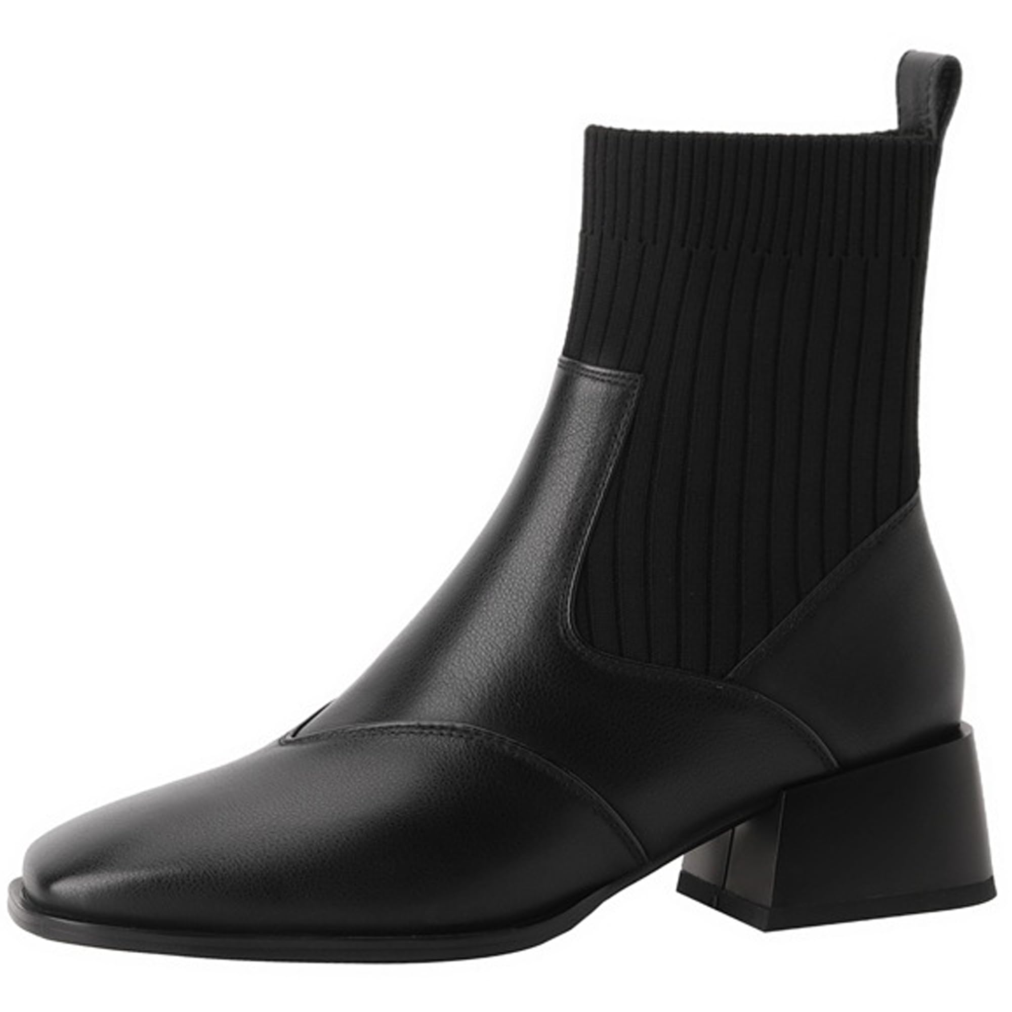 【送料無料】 ショートブーツ レディース サイドニット ブーツ 太ヒール ストレッチブーツ 歩きやすい スクエアトゥ ニットブーツ 痛くない あたたかい リブニット おしゃれ ブラック ソックスブーツ 秋冬 色：ブラック、サイズ：23.0 cm