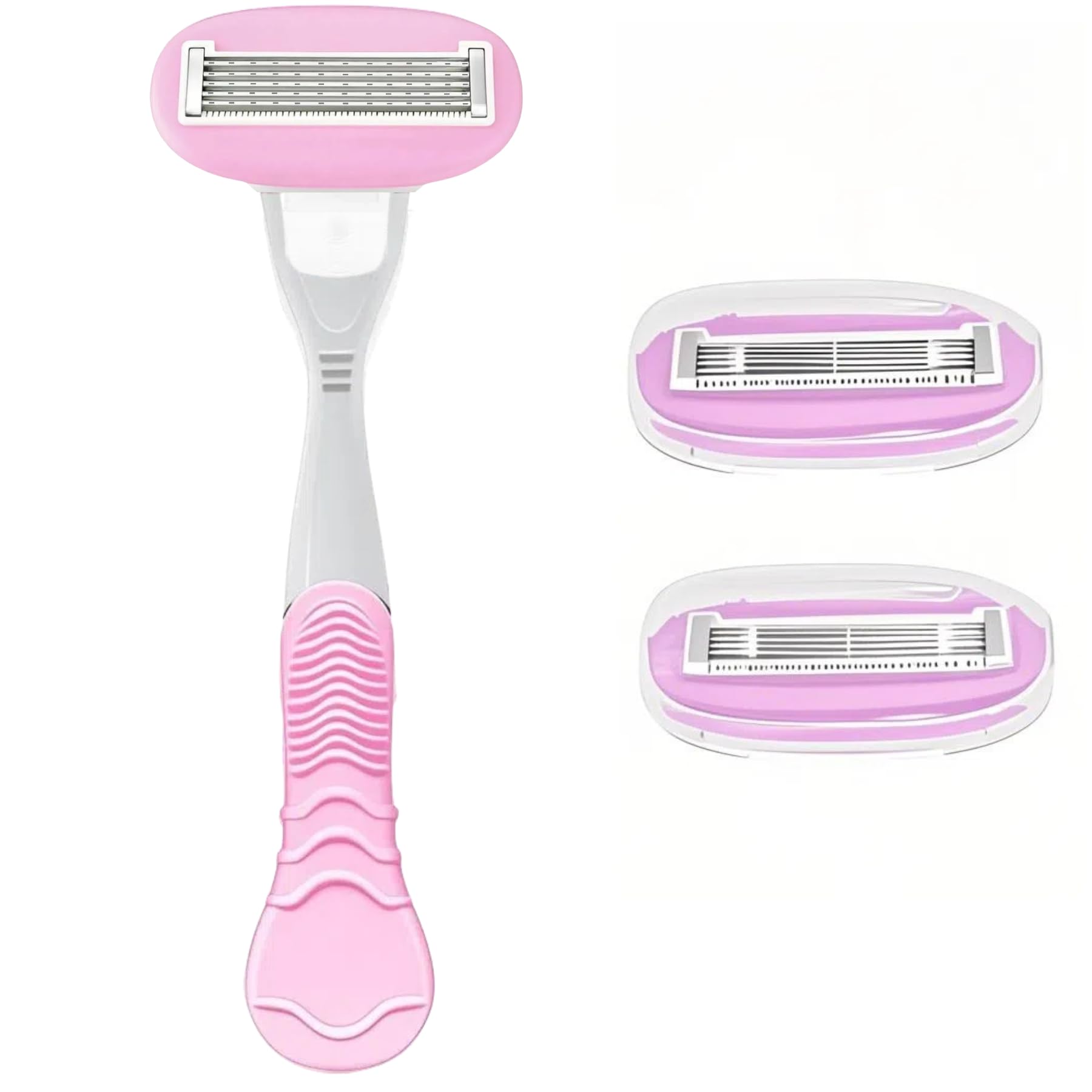 【送料無料】KERURU カミソリ レディース 5枚刃 替刃2個付き 潤いアロエ石鹸付き 体毛処理 ボディ用 すね毛用 ムダ毛処理 携帯用 保護カバー付き 回転可能 ピンク 1本 (長柄) 色：ピンク、サイズ：長柄