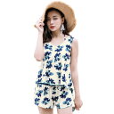 【送料無料】 水着 レディース タンキニ 4点セット ビキニ ショートパンツ タンクトップ 体型カバー hys1088 色:Q⇒ネイビーフラワー、サイズ:2XL