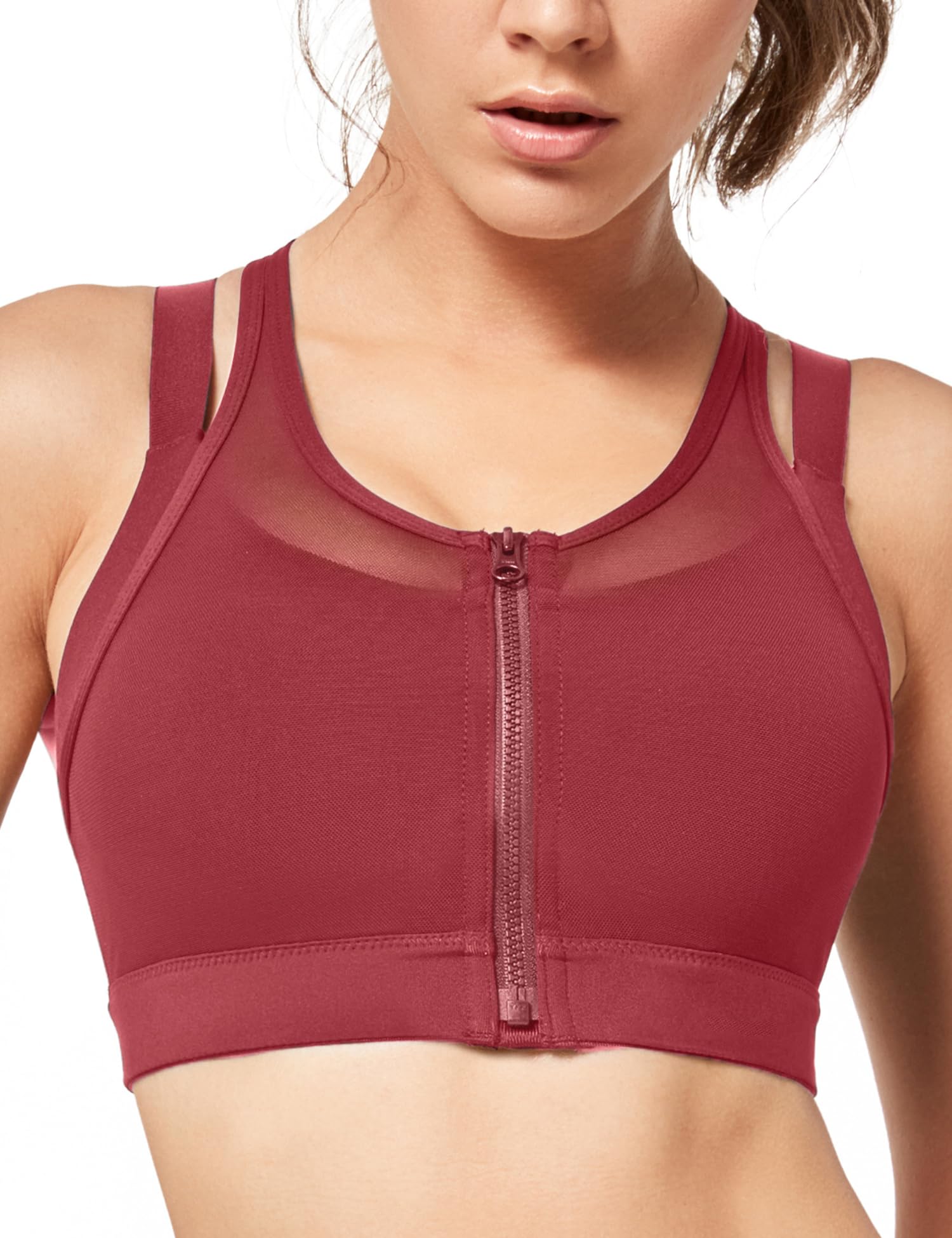 【送料無料】[Yvette] イベット スポーツブラ 揺れない しっかりサポート トレーニングウェア メッシュ素材 吸汗速乾 色：レッド、サイズ：L Plus