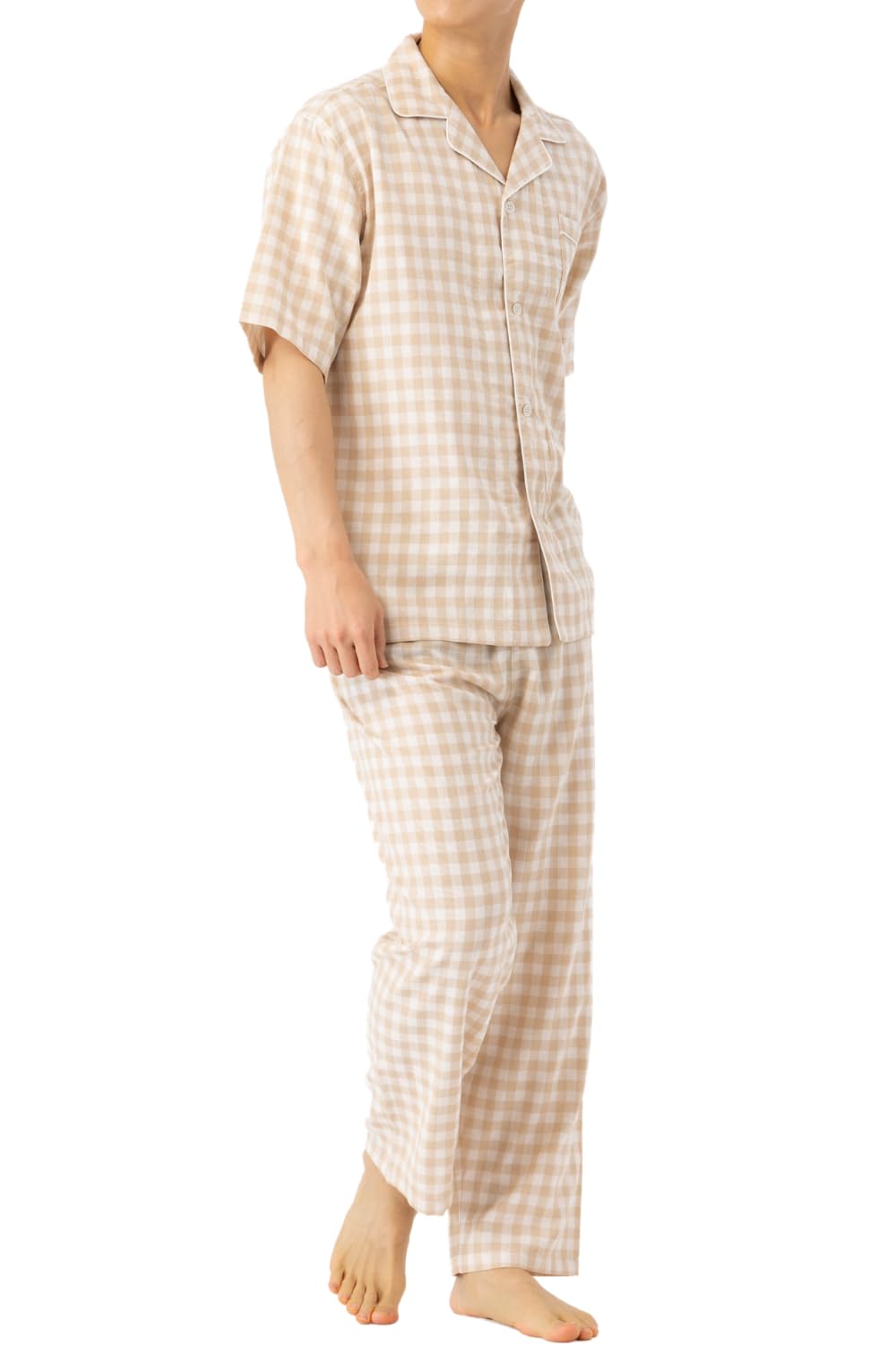 【送料無料】[ベンケ] 【綿100%で柔らかな肌触り】パジャマ メンズ 半袖 長ズボン 二重ガーゼ 上下セット 春夏 薄手 ［着やすさ×おしゃれ］ 色：ベージュ_(チェック柄)、サイズ：M