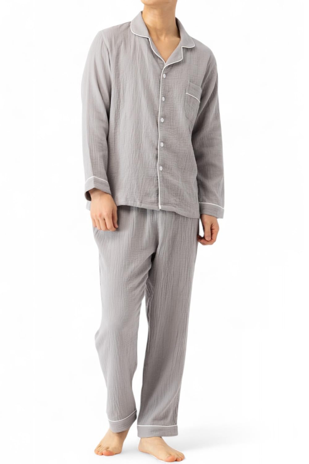 【送料無料】[ベンケ] 【柔らかな肌触り】パジャマ メンズ 長袖 綿100 薄手 上下セット ガーゼパジャマ 無地 春夏 ［シンプル×おしゃれ］ 色：ライトグレー、サイズ：XL