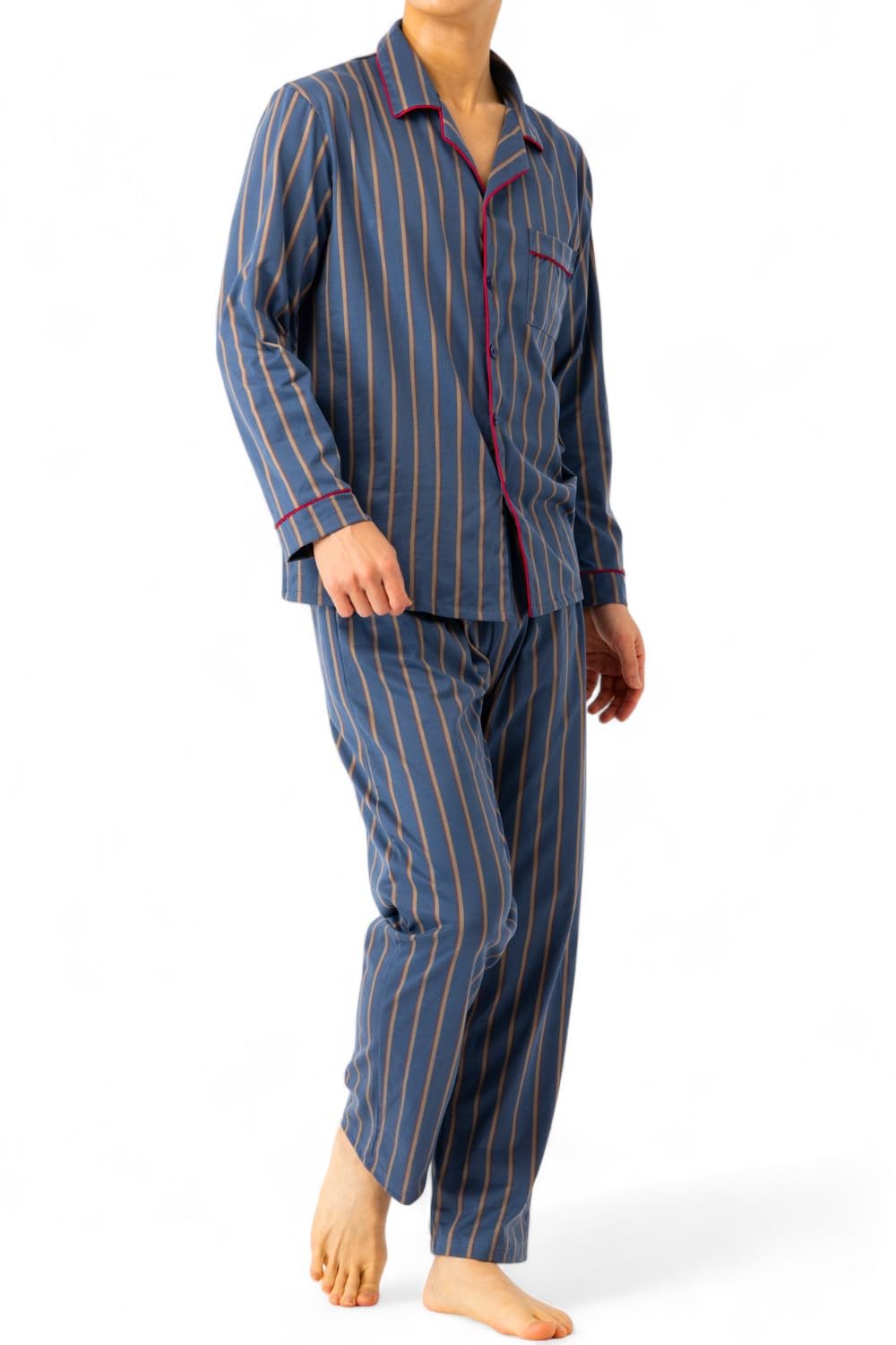 【送料無料】[ベンケ] 【柔らかな肌触り】 パジャマ メンズ 長袖 綿 薄手 上下セット 寝巻き 春秋 ［シンプル×おしゃれ］ 色：ネイビー(ストライプ柄)、サイズ：L