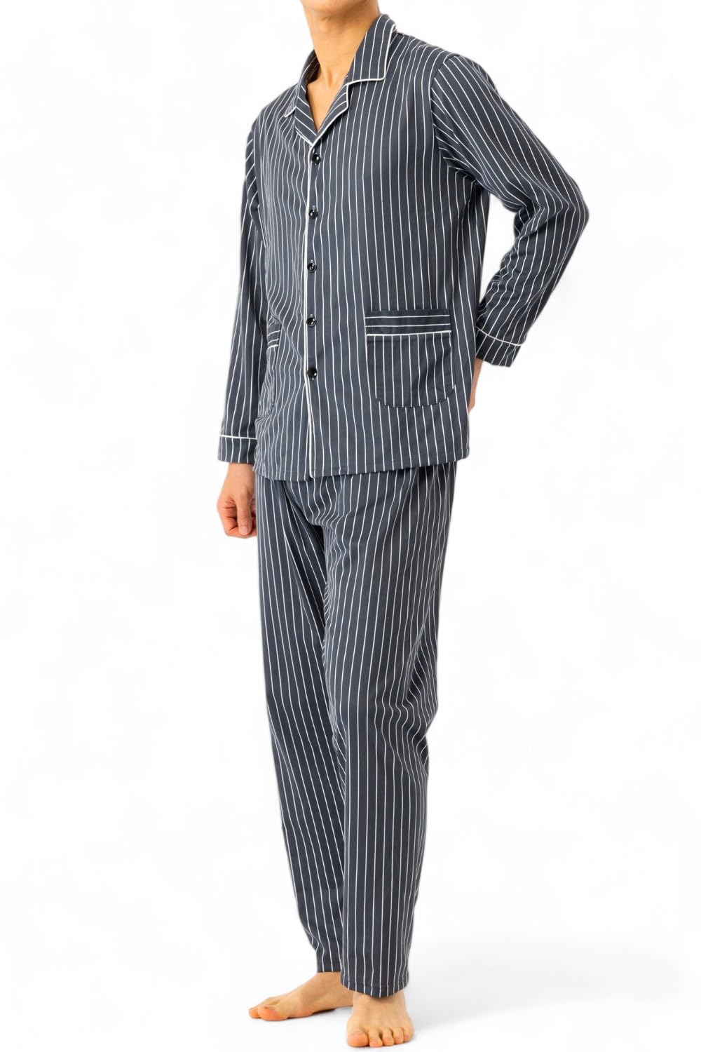 【送料無料】[ベンケ] 【柔らかな肌触り】 パジャマ メンズ 長袖 綿 薄手 上下セット 寝巻き 春秋 ［シンプル×おしゃれ］ 色：ブラック(ストライプ柄)、サイズ：XL