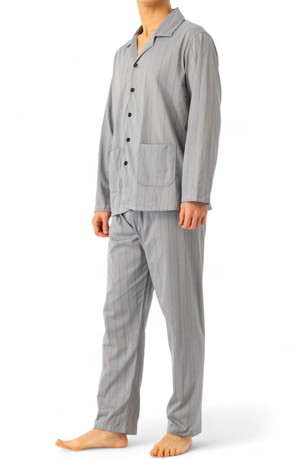 【送料無料】[ベンケ] 【柔らかな肌触り】 パジャマ メンズ 長袖 綿 薄手 上下セット 寝巻き 春秋 ［シンプル×おしゃれ］ 色：グレー(ストライプ柄)、サイズ：2XL