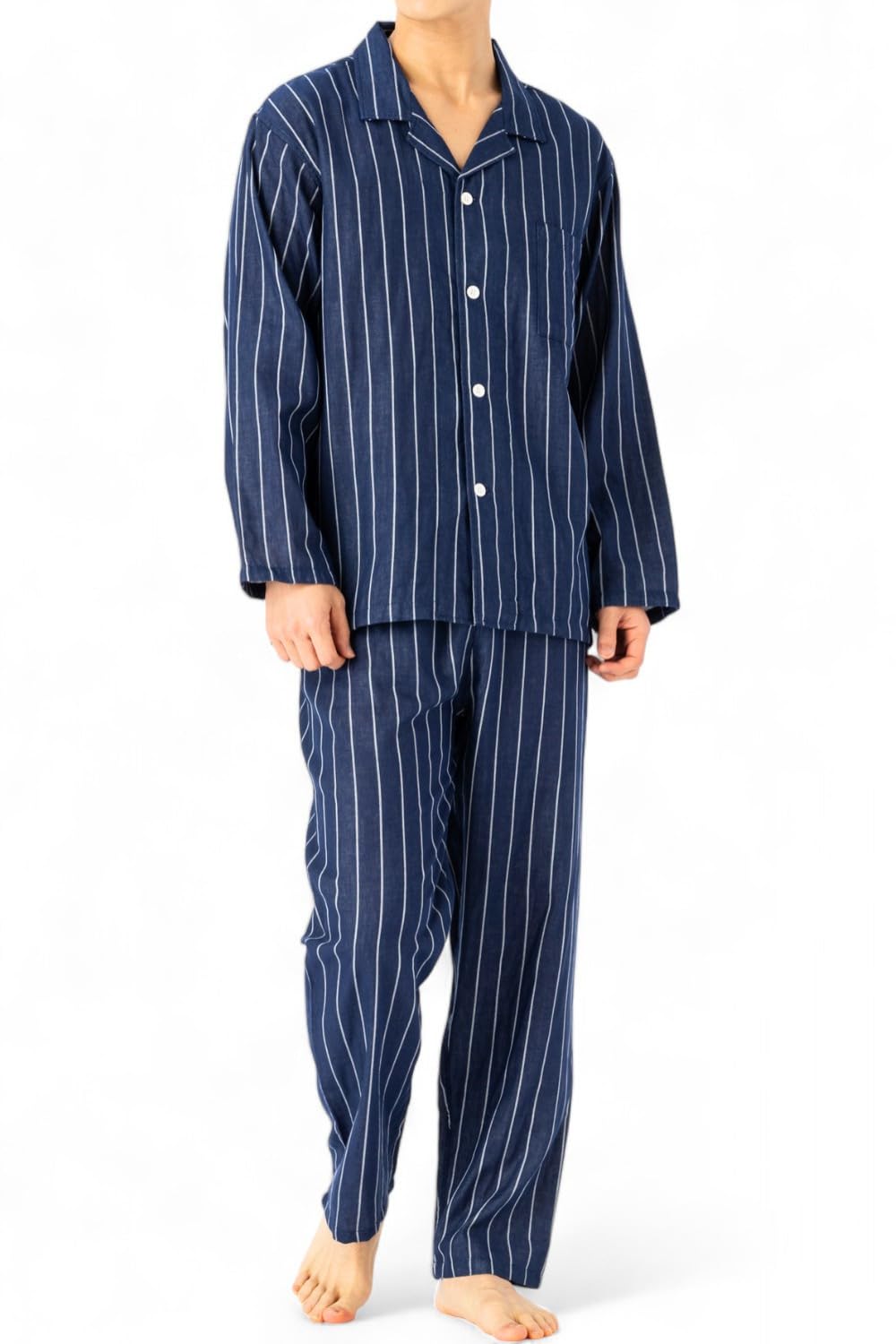 【送料無料】[ベンケ] 【肌触りが心地良い】パジャマ メンズ 上下セット 綿100% ガーゼ 薄手 長袖 長ズボン 春夏 寝巻き 部屋着 コットン [ホルムアルデヒド検査済] [シンプルxおしゃれ] 色：ネイビー/ストライプ、サイズ：L