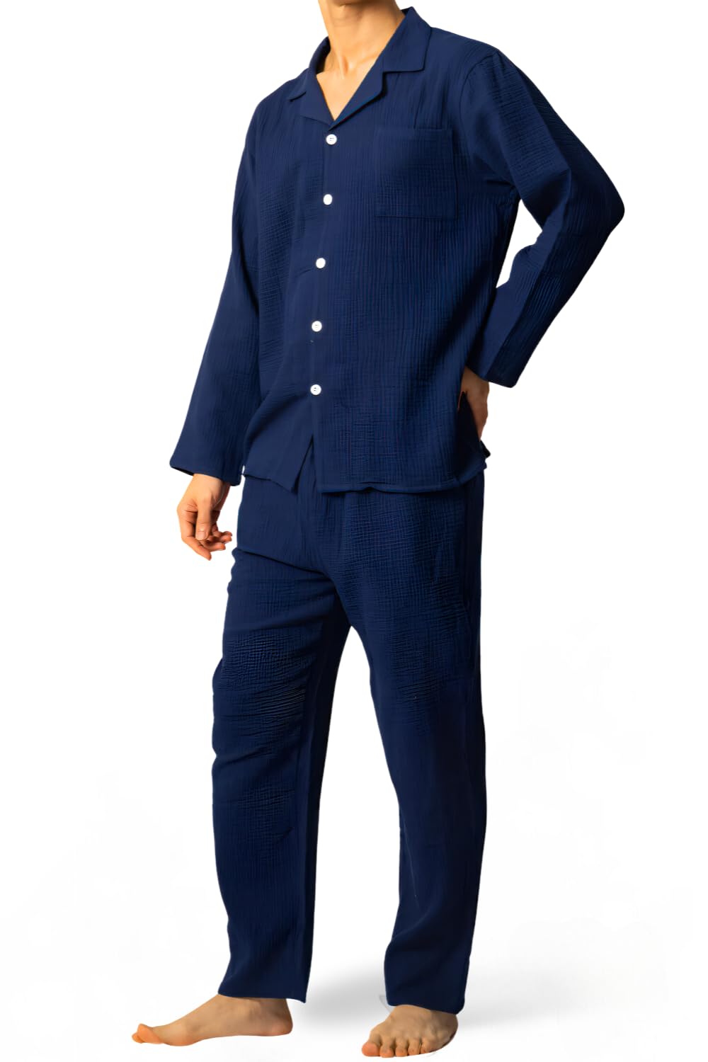 【送料無料】[ベンケ] 【柔らかな肌触り】 パジャマ メンズ 長袖 綿100 ガーゼ 上下セット 春秋 [ズボンポケットあり] ［シンプル×おしゃれ］ 色：ネイビー、サイズ：L