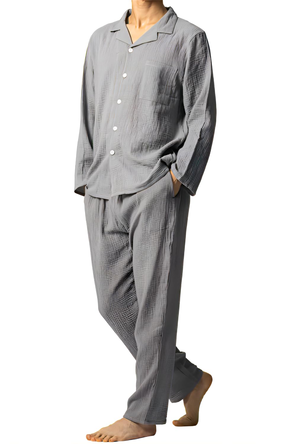 【送料無料】[ベンケ] 【柔らかな肌触り】 パジャマ メンズ 長袖 綿100 ガーゼ 上下セット 春秋 [ズボンポケットあり] ［シンプル×おしゃれ］ 色：グレー、サイズ：M