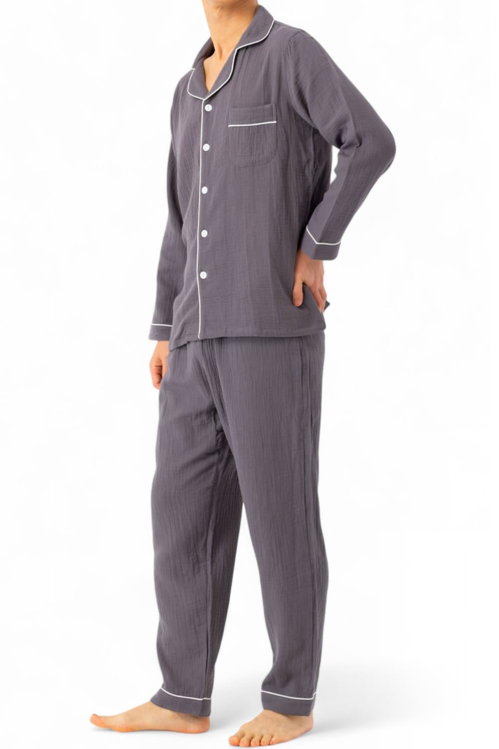 【送料無料】[ベンケ] 【柔らかな肌触り】パジャマ メンズ 長袖 綿100 薄手 上下セット ガーゼパジャマ 無地 春夏 ［シンプル×おしゃれ］ 色：ダークグレー、サイズ：M
