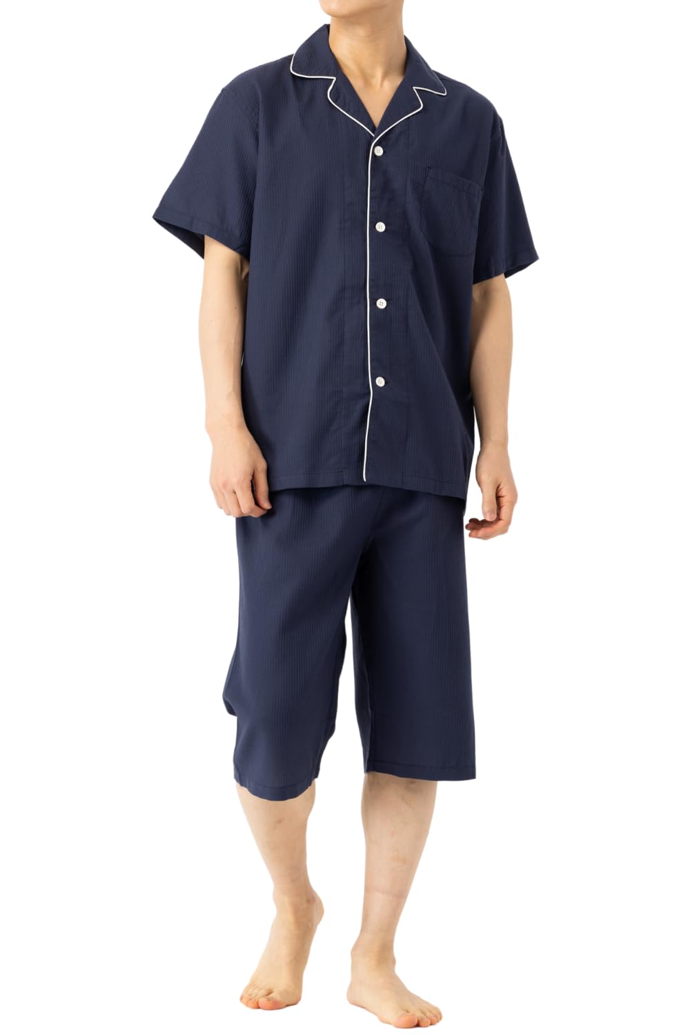 【送料無料】[ベンケ] 【柔らかな肌触り】 パジャマ メンズ 半袖 七分丈 ズボン 綿100 上下セット 春夏 涼しい ワッフル生地 ［シンプル×おしゃれ］ 色：ネイビー、サイズ：M