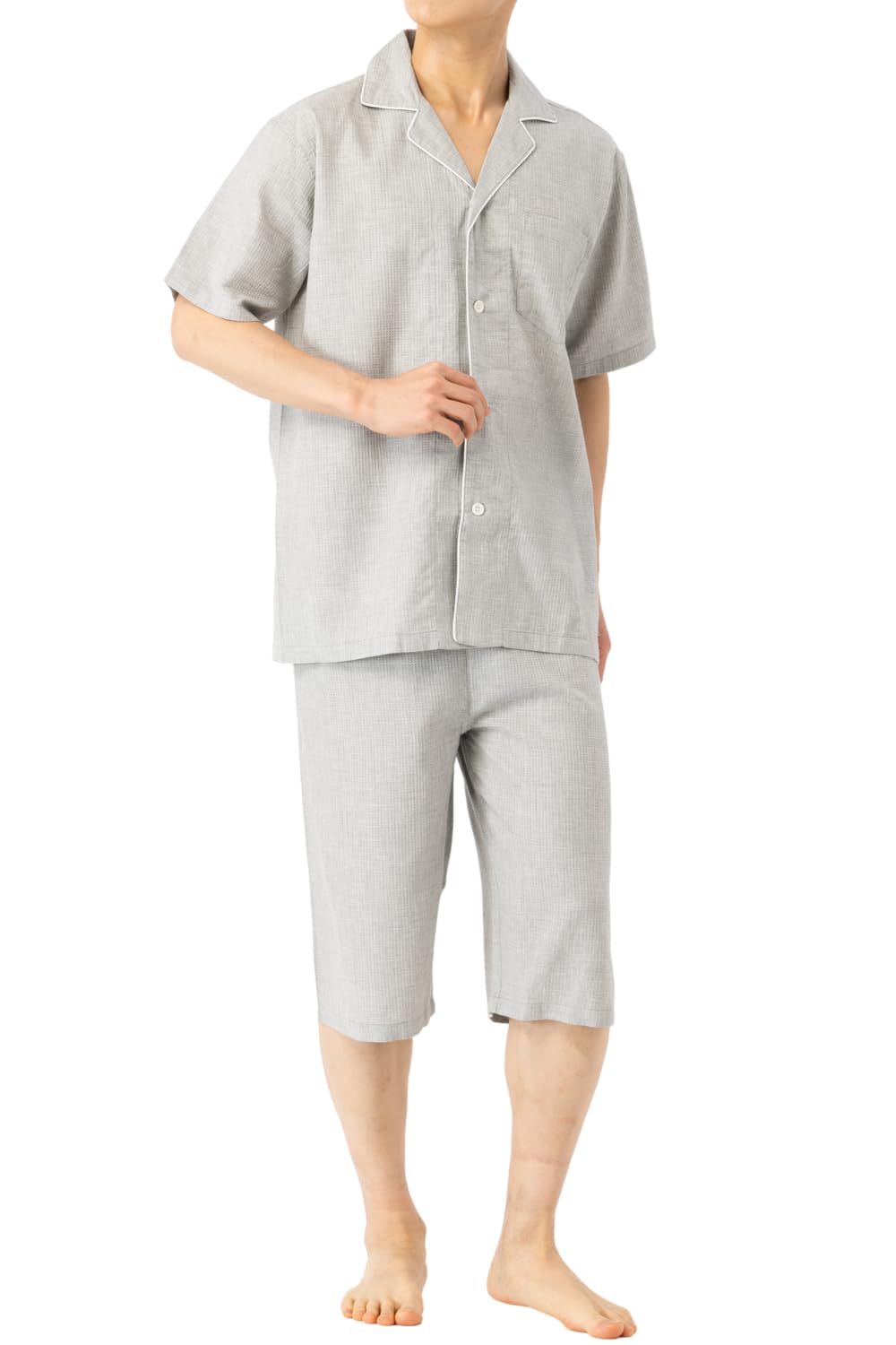 【送料無料】[ベンケ] 【柔らかな肌触り】 パジャマ メンズ 半袖 七分丈 ズボン 綿100 上下セット 春夏 涼しい ワッフル生地 ［シンプル×おしゃれ］ 色：グレー、サイズ：L
