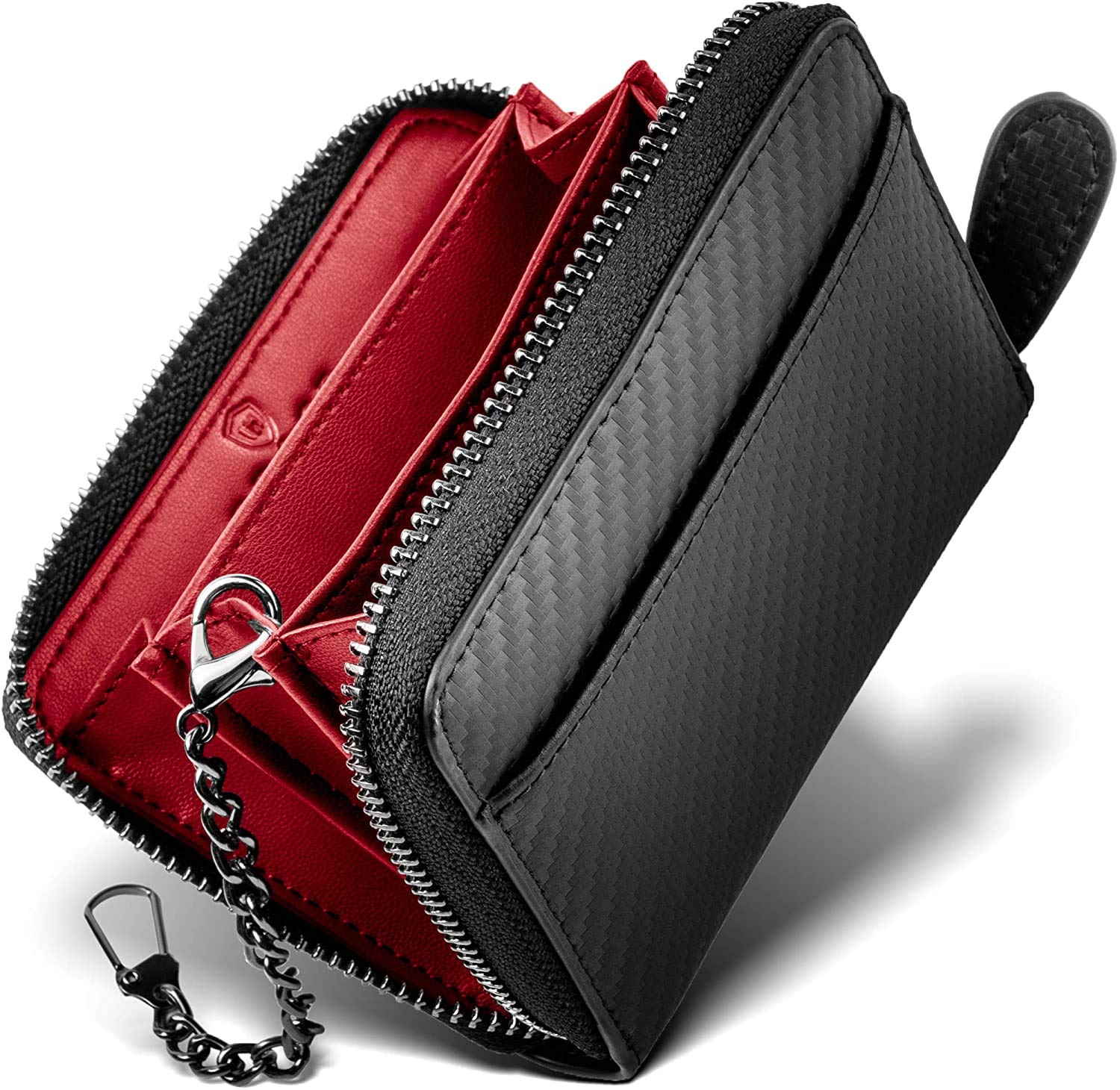 【送料無料】小銭入れ メンズ [ GRACE ] 財布 キーチェーン 付き 革 本革 牛革 カーボン レザー コインケース カードケース 大容量 ラウンドファスナー 小さい グレース 色：レッド