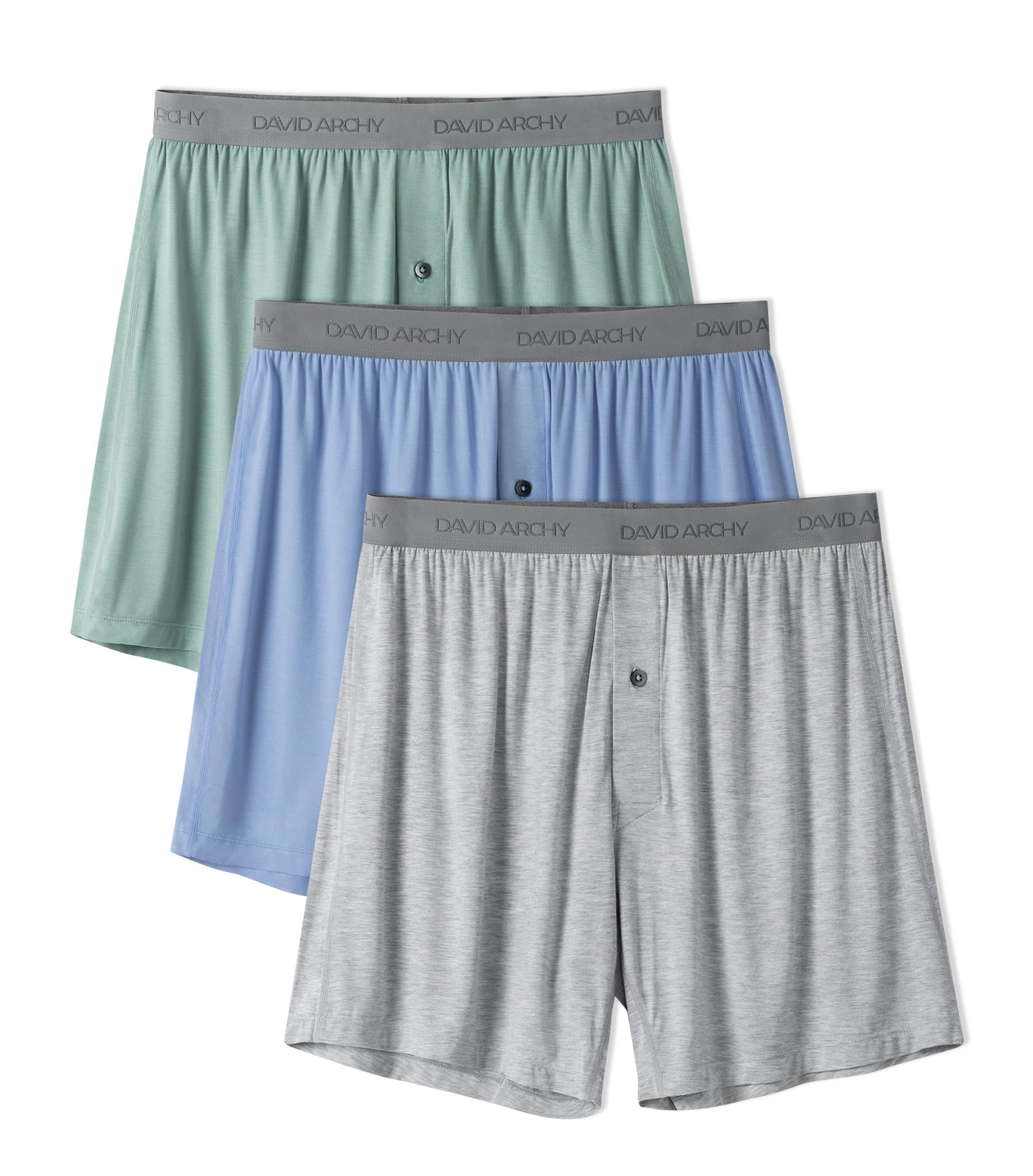 【送料無料】[DAVID ARCHY] トランクス メンズ 下着 竹繊維 前開き ボタン付き 通気性 吸汗 涼しさ パンツ 抗菌防臭 大きいサイズ ニットトランクス 3枚セット 5枚セット DAMNKR22001 色：ライトブルー＋グレーグリーン＋ヘザーグレー、サイズ：M