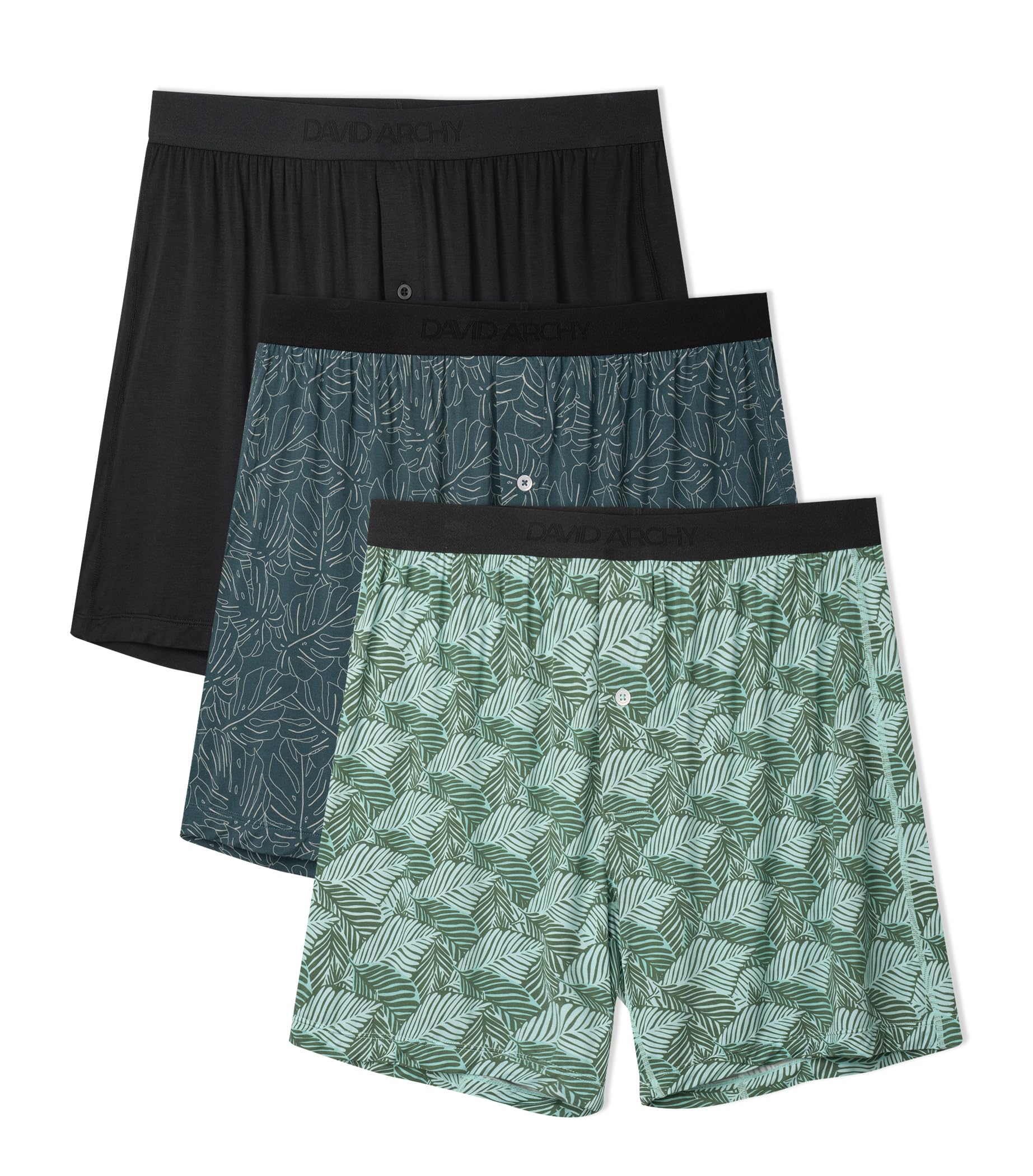 【送料無料】[DAVID ARCHY] トランクス メンズ 下着 竹繊維 前開き ボタン付き 通気性 吸汗 涼しさ パンツ 抗菌防臭 大きいサイズ ニットトランクス 3枚セット 5枚セット DAMNKR22001 色：ブラクラ＋ダークリーフ柄＋ライトリーフ柄、サイズ：L
