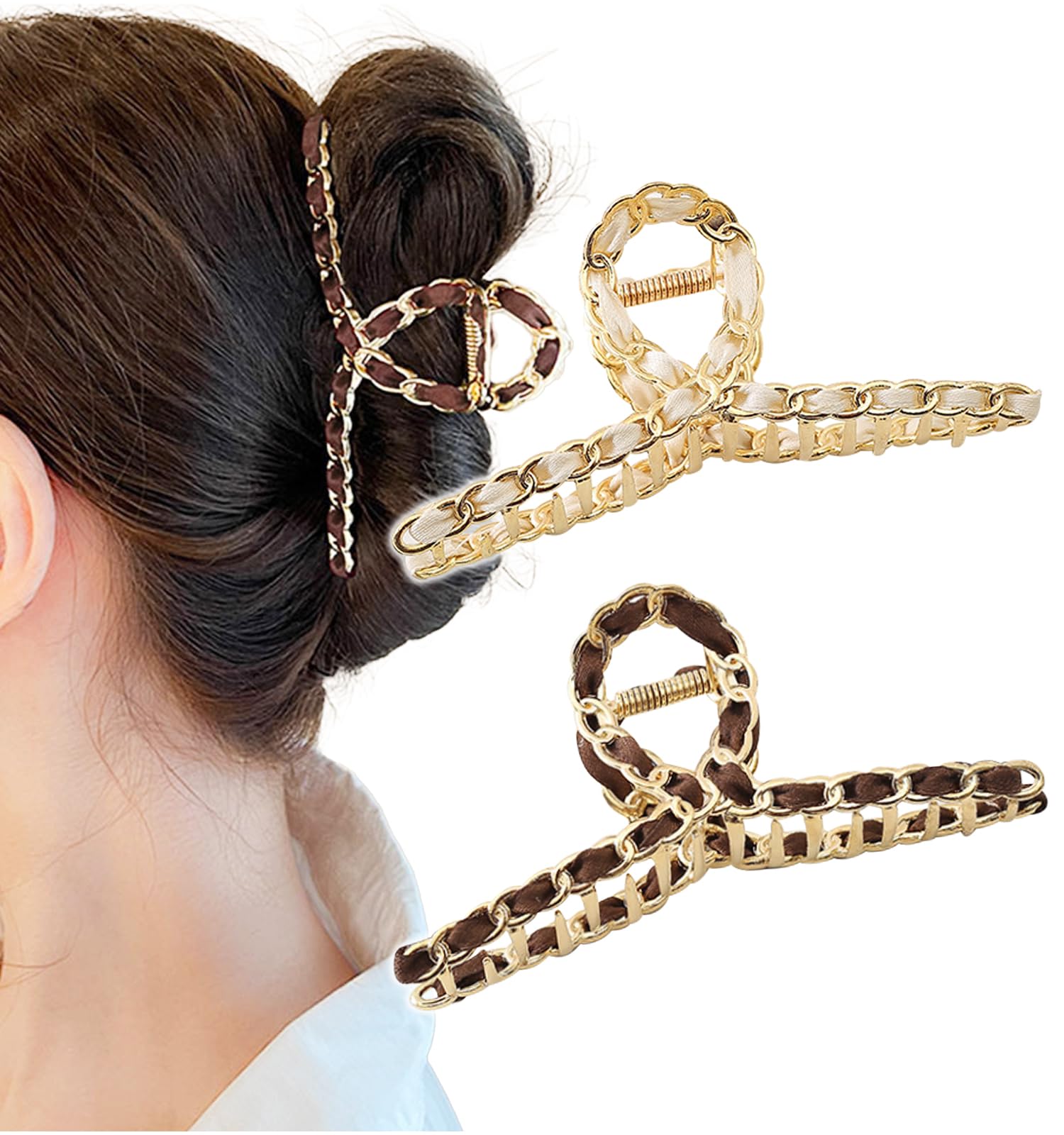 【送料無料】[Herbeluemily] ヘアクリップ ヘアクロー ダッカール バンスクリップ 髪留め ゴールド リボン 2個セット