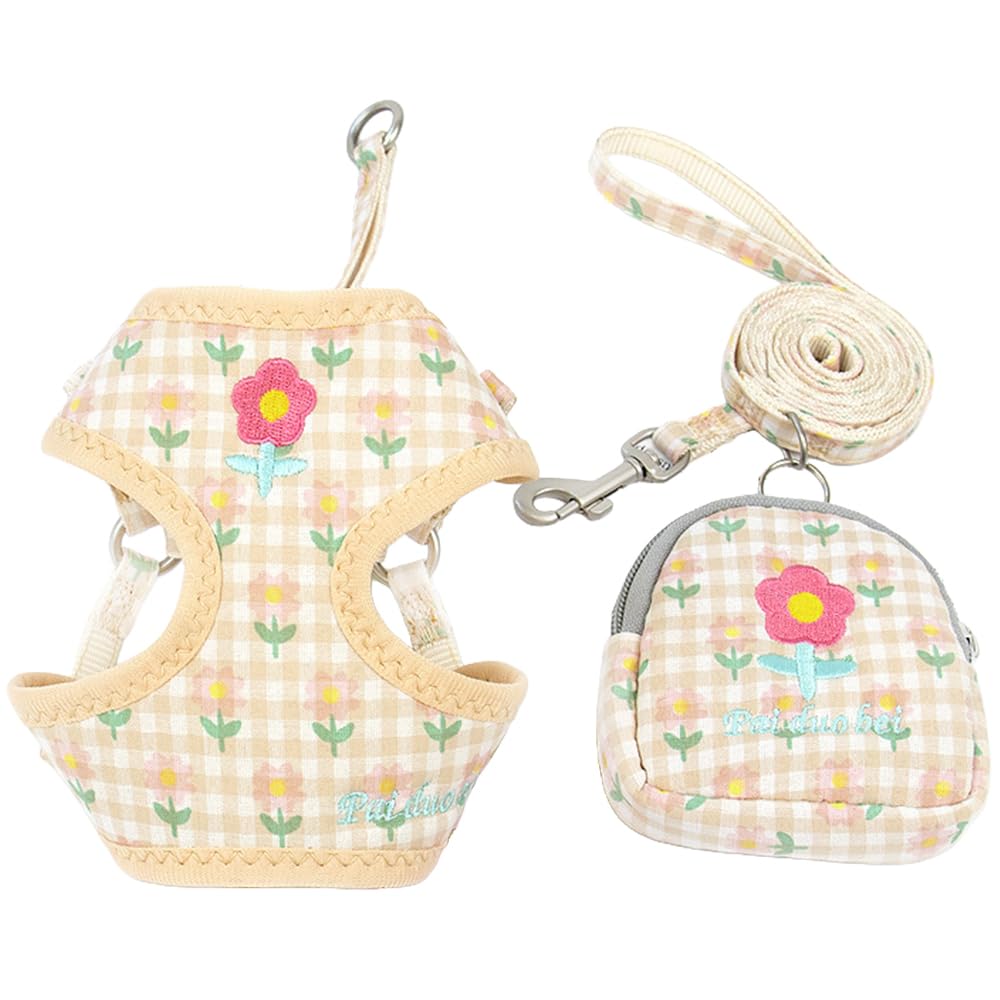 【送料無料】FUPUONE 犬 ハーネス ポーチ リード 花柄 犬用リード 犬用 ポーチ付ハーネス 色：オレンジ..