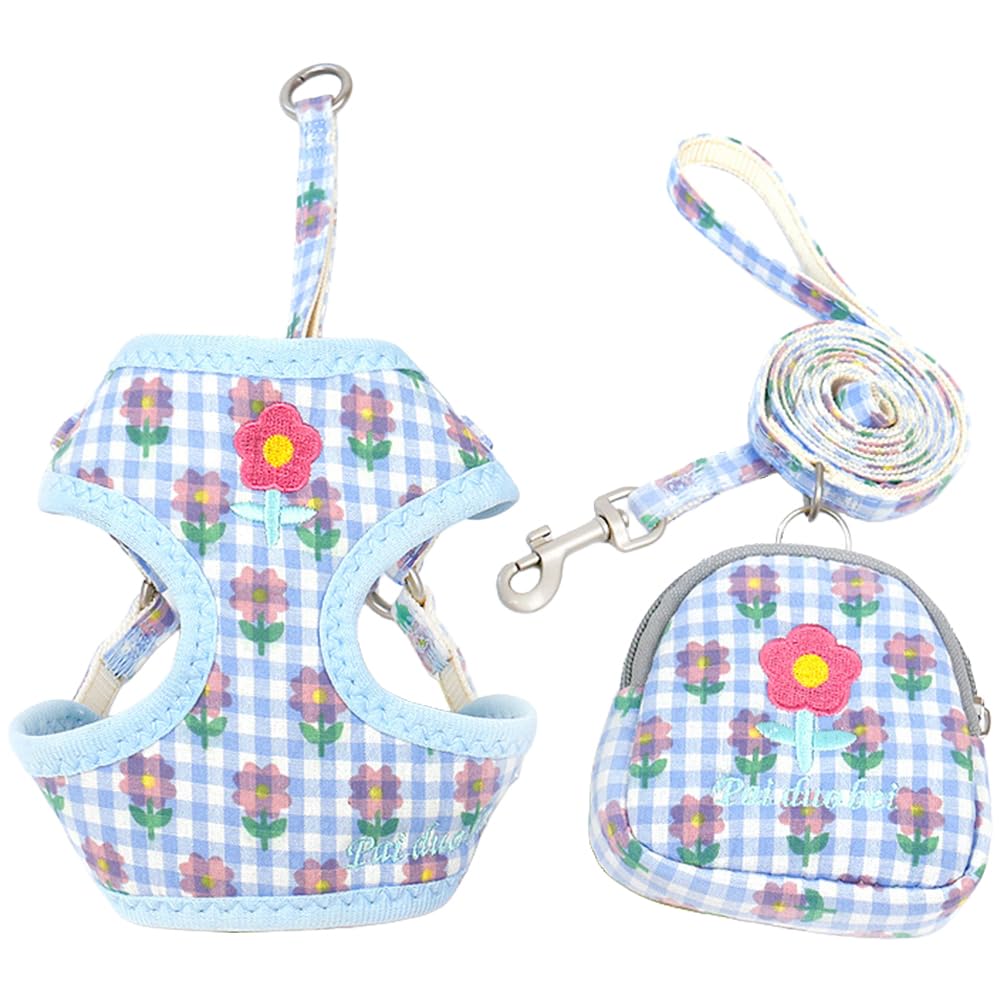 【送料無料】FUPUONE 犬 ハーネス ポーチ リード 花柄 犬用リード 犬用 ポーチ付ハーネス 色：ブルー、..