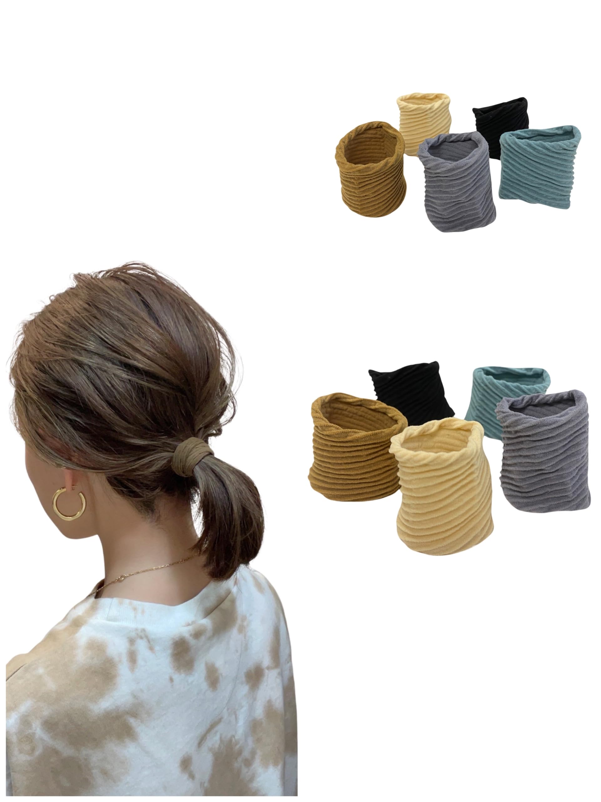 【送料無料】スポーツ対応ヘアゴム 10個セット - 太め約6cm、跡がつかない高弾性ヘアゴム パール付きヘアゴムもあり シンプルで絡まないソフトデザイン キッズ＆大人向け 収納袋付き 髪に優しいヘアアクセサリー 学校・体育用 切れにくいので長く使える 色：5色セット