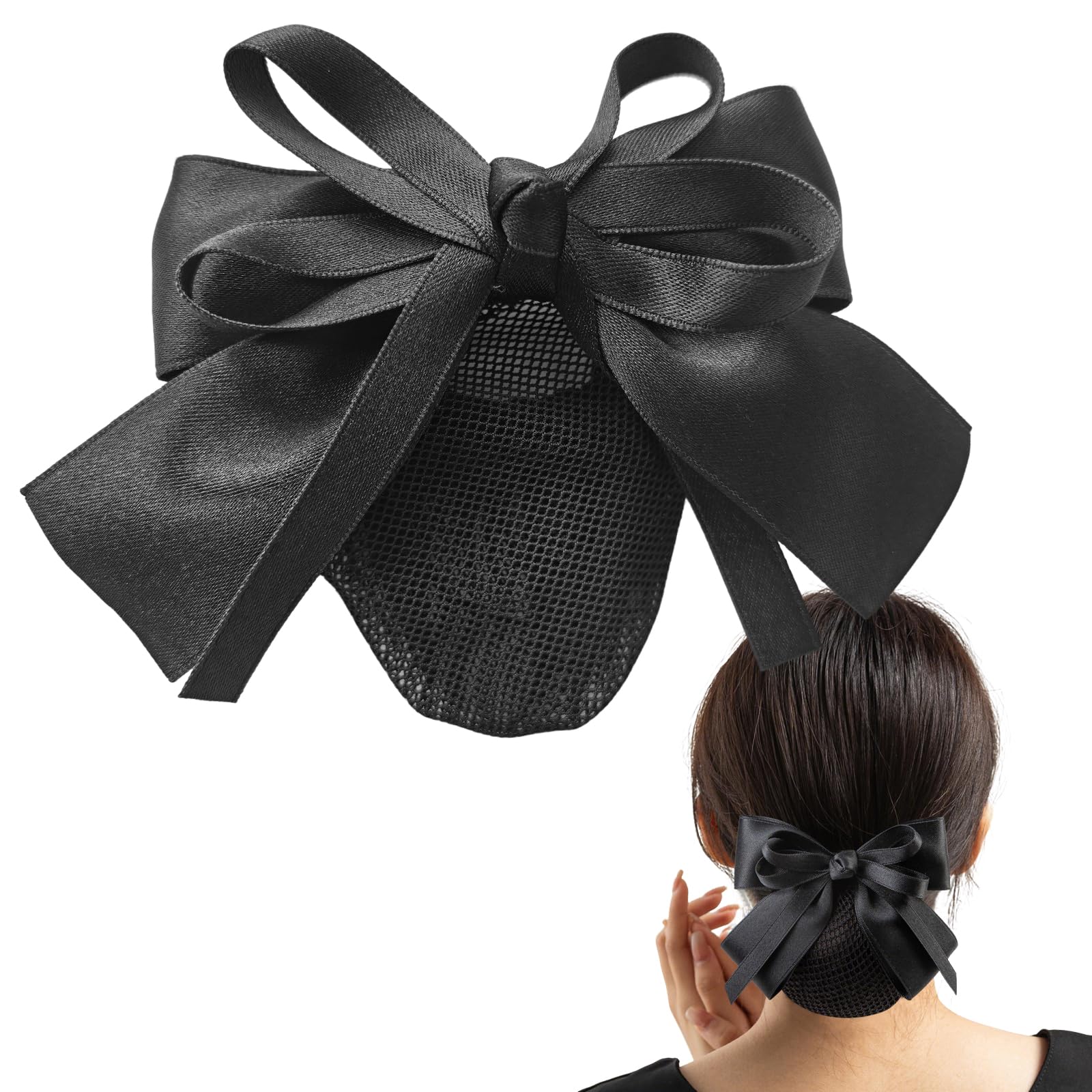 【送料無料】shefun シニヨンネット リボン バレッタ ネット付き 黒 大きめ 冠婚葬祭 髪の毛 ブラックお団子ネット リボンバレッタ レディース 髪飾り JP301 色：ゴールド シルバー、サイズ：4-8の字結び-リボン15cm