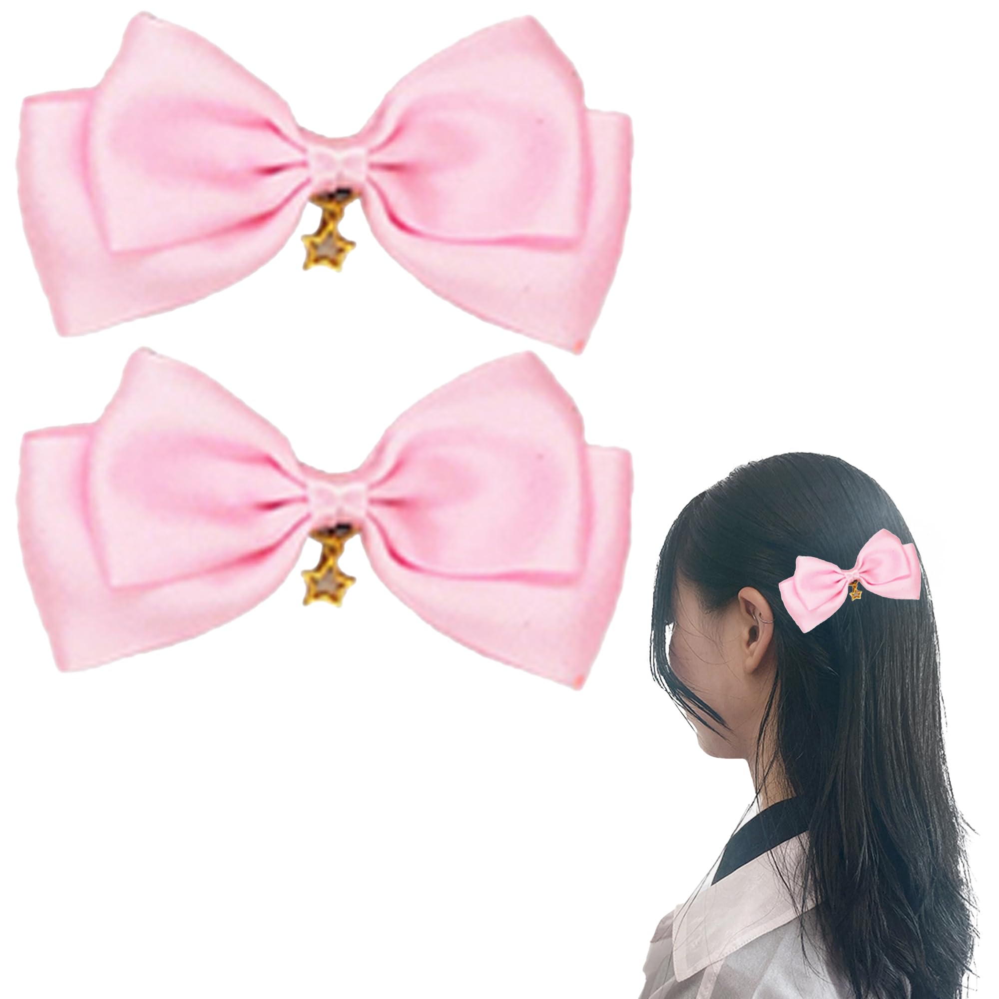 【送料無料】星チャーム付きリボンクリップ 2個セット [並行輸入品] 色：ピンク2