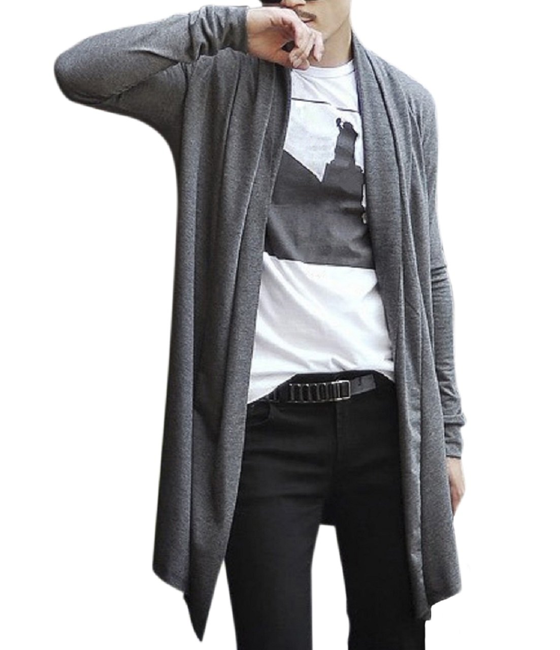 【送料無料】[ジルア] ロング ニット カーディガン S 〜 XL 薄手 前開き シンプル カジュアル カーデ ガウン ブラック グレー メンズ #051 色：01.グレー、サイズ：M