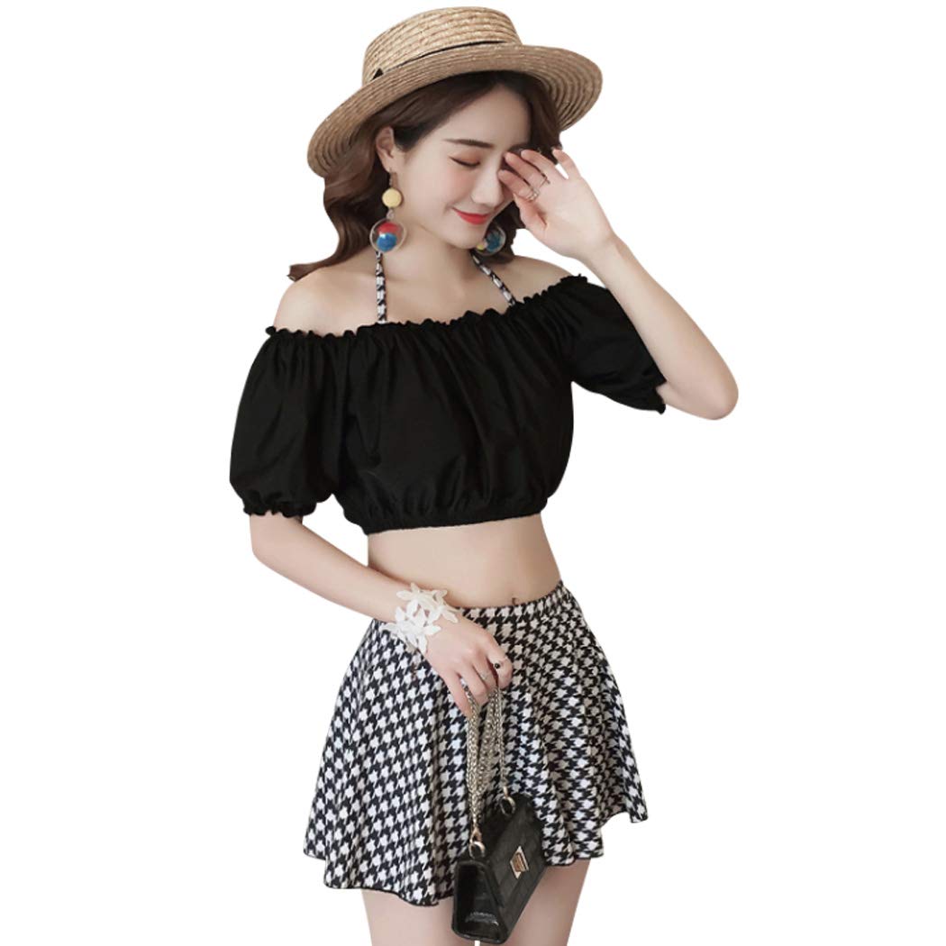 【送料無料】 水着 レディース ビキニ オフショルダー スカート ショートパンツ 4点セット ワイヤー入り 大人 ママ用 二の腕 お尻 カバーアップ hys1731 色：A：ブラック、サイズ：M