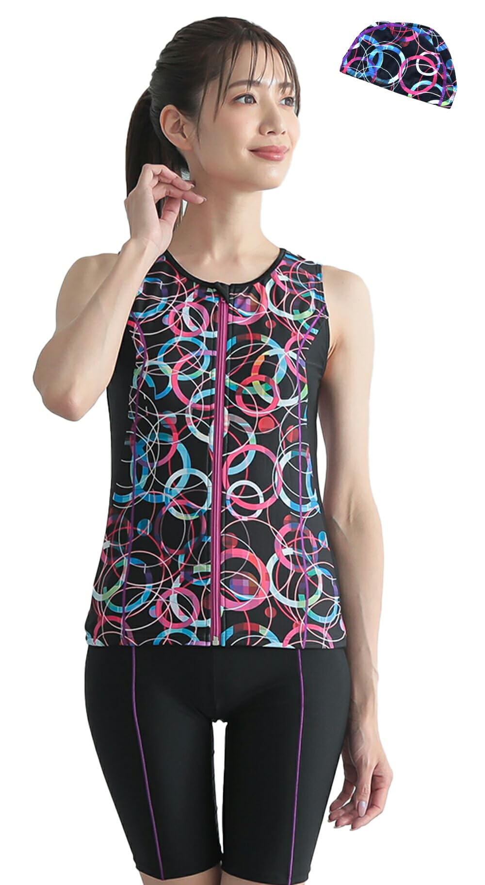 【送料無料】 フィットネス水着 レディース プリント柄 袖なし セパレート キャップ付き 2025 FT-2062 ..