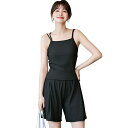【送料無料】 水着 レディース 体型カバー 3点セット セパレート バッククロスキャミキニ ショートパンツ hys3211 色:ブラック、サイズ:LL