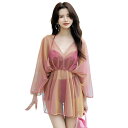 【送料無料】 水着レディースビキニ シースルー シアーワンピース 3点セット ハイウエスト クロスデザイン hys3030 色:フューシャ×ベージュ、サイズ:S