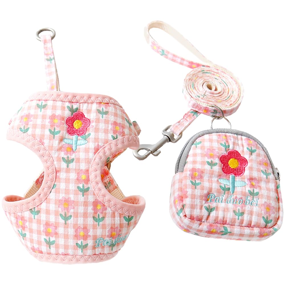 【送料無料】FUPUONE 犬 ハーネス ポーチ リード 花柄 犬用リード 犬用 ポーチ付ハーネス 色：ピンク、..