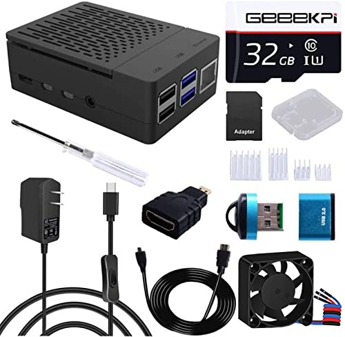 【送料無料】GeeekPi Raspberry Pi 4 ABSケース、4010 PWM冷却ファン5V 3.6A Type-C電源PSE取得ヒートシンク32GB SDカードNOOBSシステムがプリインストール、USBカードリーダー、Micro HDMI-to-HDMIケーブル、HDMIアダプター、Raspberry Pi 4 Model B用（RPiボードは含まれて