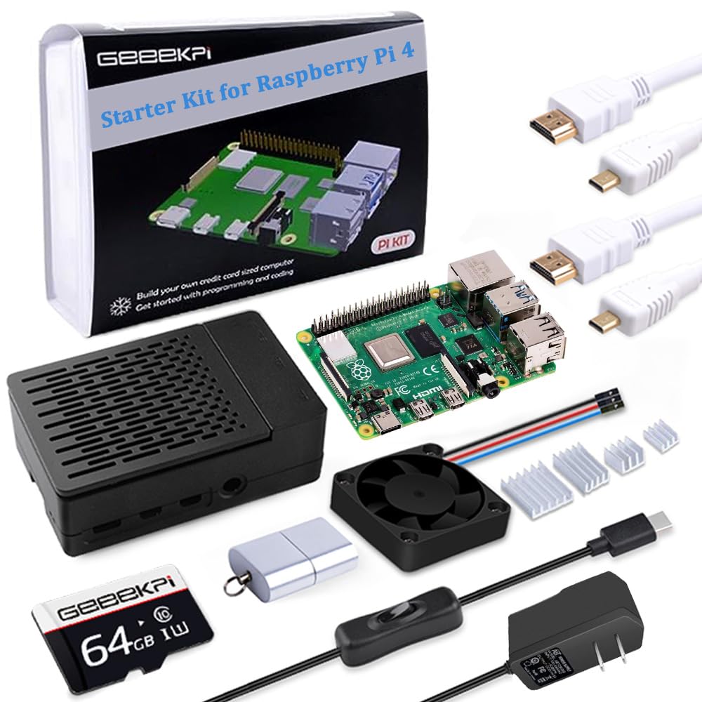 【送料無料】GeeekPi Raspberry Pi 4 4GB スターターキット - 64GBエディション Raspberry Pi 4ケース ファン付き Raspberry Pi 電源 ON/OFFスイッチ付き HDMIケーブル Raspberry Pi 4B (4GB RAM)