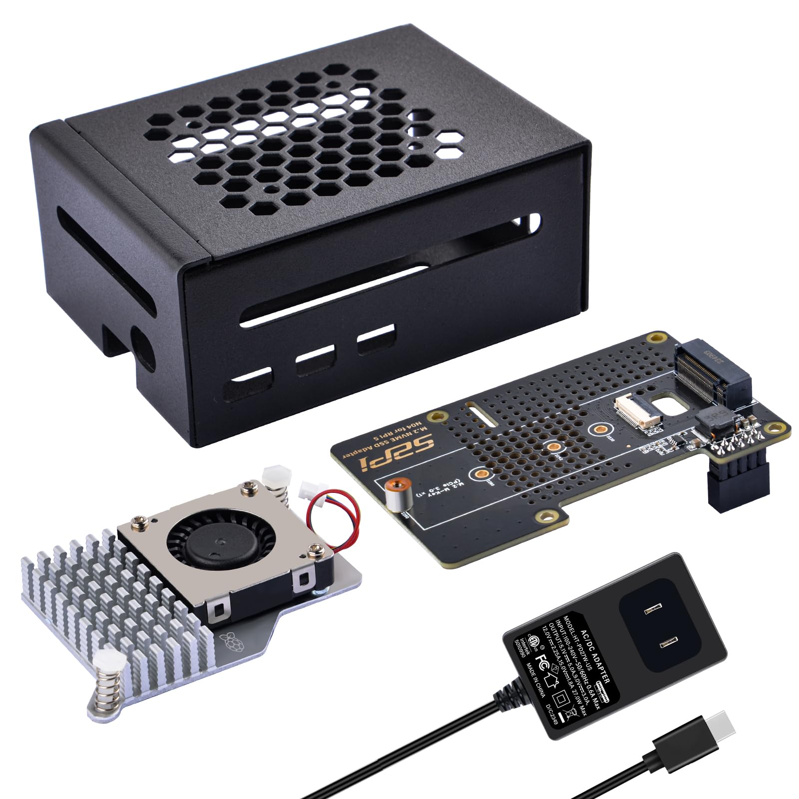 【送料無料】GeeekPi メタルケースと N04 PCIe M.2 Key-M NVMe SSD PCIe ペリフェラルボード Raspberry Pi 5 用 (金属ケース&拡張ボード&アクティブ冷却ファン&電源)
