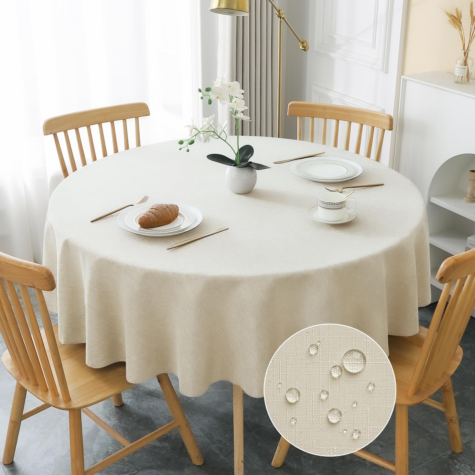 【送料無料】AooHome テーブルクロス ベージュ 丸 撥水 汚れ防止 円形 おしゃれ シンプル テーブルカバー リネン類 耐熱 丸洗い 速乾 お手入れ簡単 業務用・家庭用 直径150cm