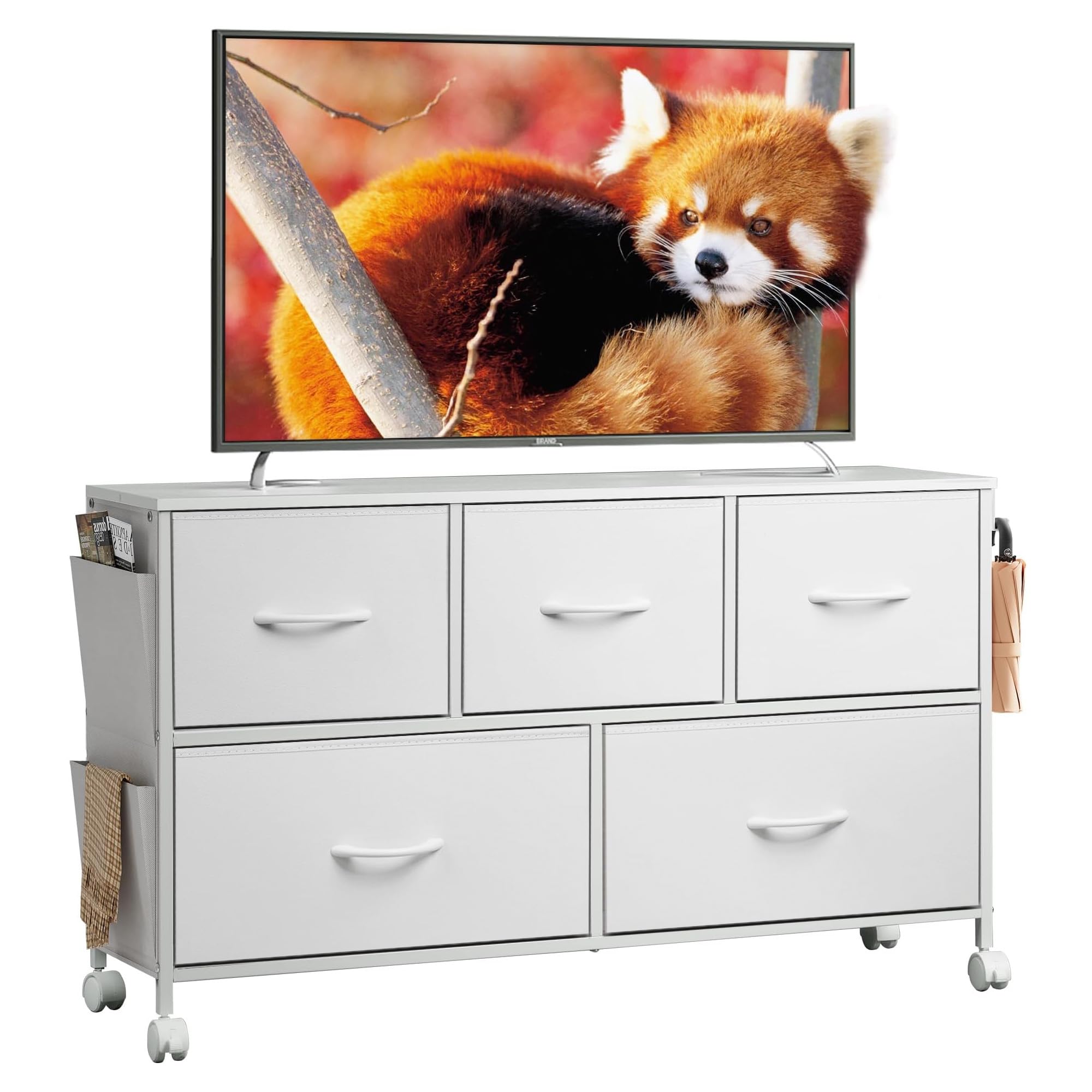 【送料無料】WLIVE チェスト タンス キャスター付き サイドポケット付き 2段5杯 箪笥 ローチェスト リビング収納 おしゃれ 収納チェスト 布製 引き出し 大容量 洋服タンス 衣類収納 北欧 シンプル ホワイト ASNG607