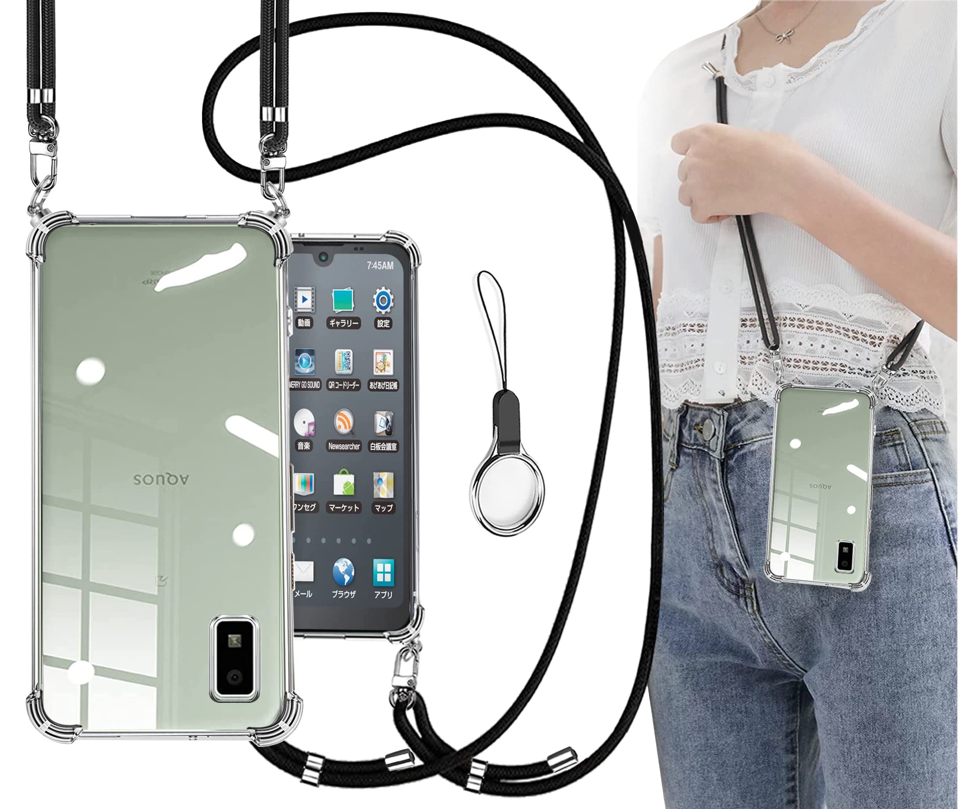 【送料無料】OJBSEN AQUOS wish3 ケース アクオスwish3ケース SH-53D A302SH カバー [ストラップ2枚付き] 調節可能な ショルダー 肩がけ 首掛け 紐付き アクオス ウィッシュ 3 カバー ストラップホール付き 薄型 透明 軽量 シリコン TPUバンパー [耐衝撃 全面保護 米軍M