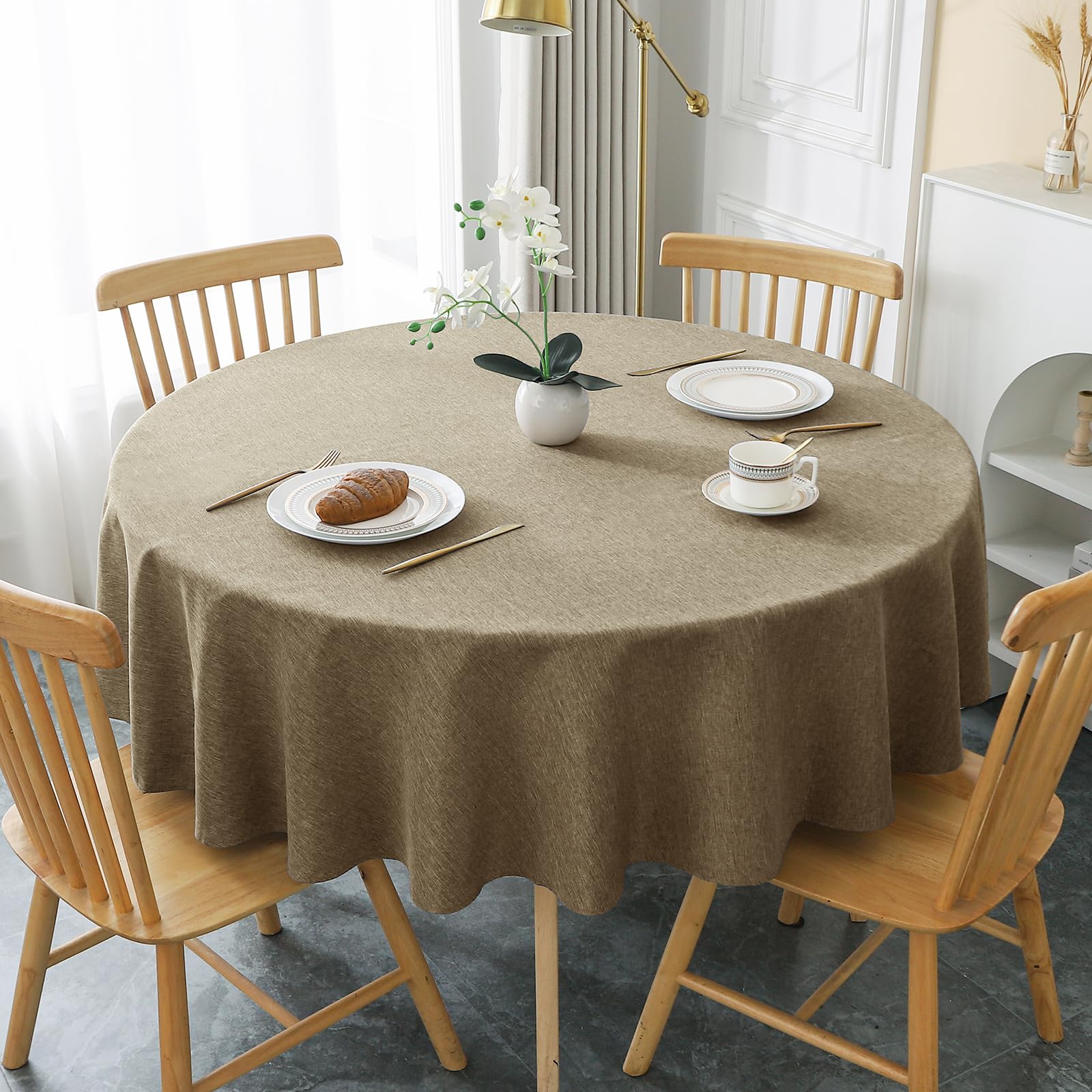 【送料無料】AooHome テーブルクロス 丸 撥水 汚れ防止 円型 おしゃれ シンプル テーブルカバー リネン類 耐熱 速乾 丸洗い お手入れ簡単 業務用・家庭用 コーヒー色 直径120cm